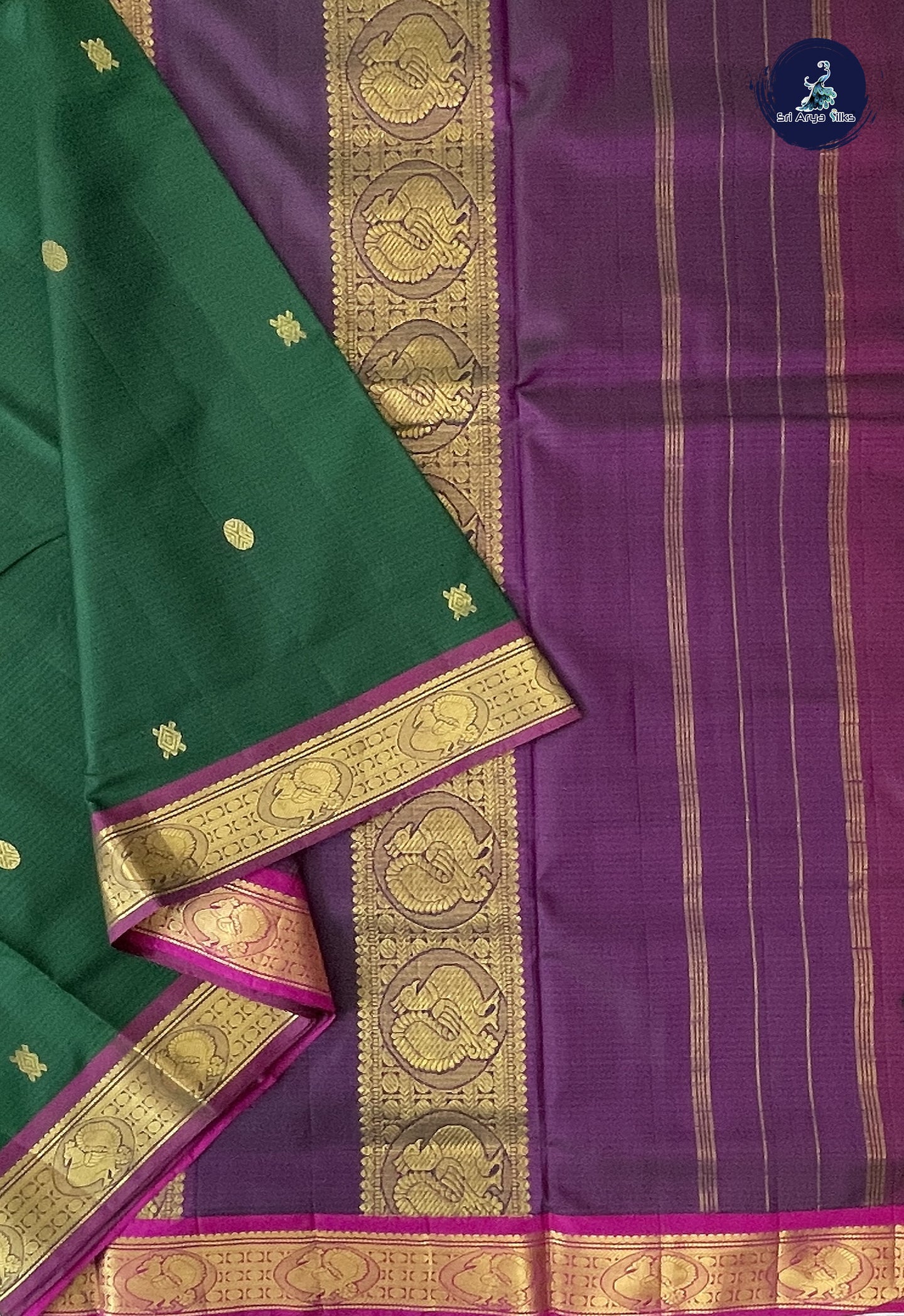 Bottle Green Madisar 10 Yards Silk Saree With Zari Buttas Pattern