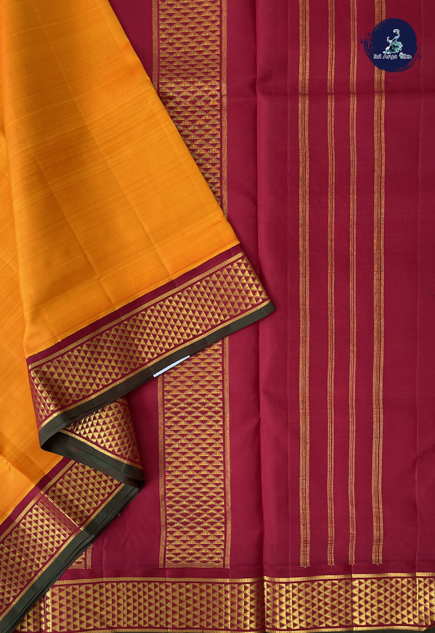 Yellowish Orange Madisar 10 Yards Silk Saree With Plain Pattern