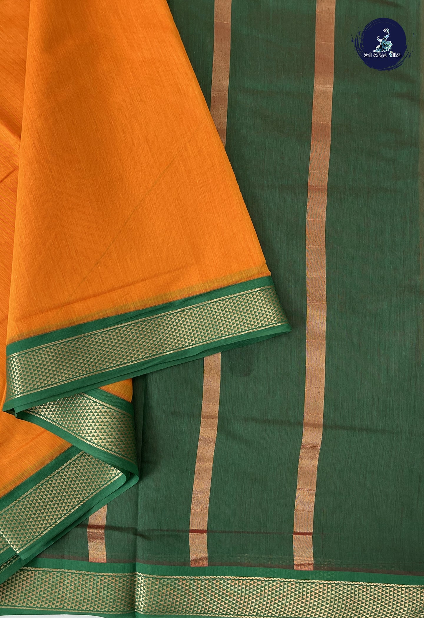 Yellowish Orange Madisar Semi Silk Cotton Saree With Plain Pattern