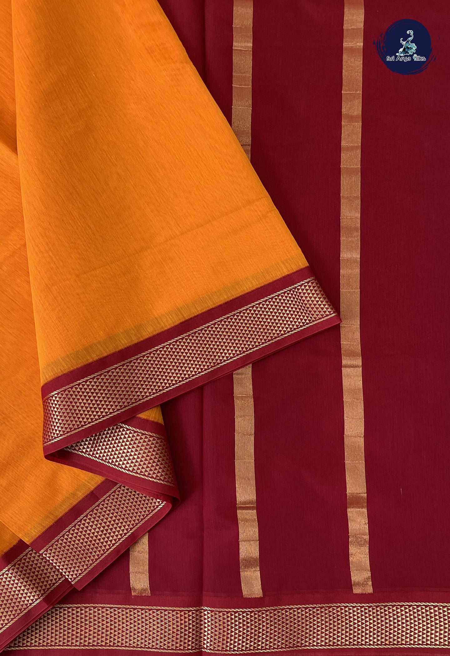 Yellowish Orange Madisar Semi Silk Cotton Saree With Plain Pattern