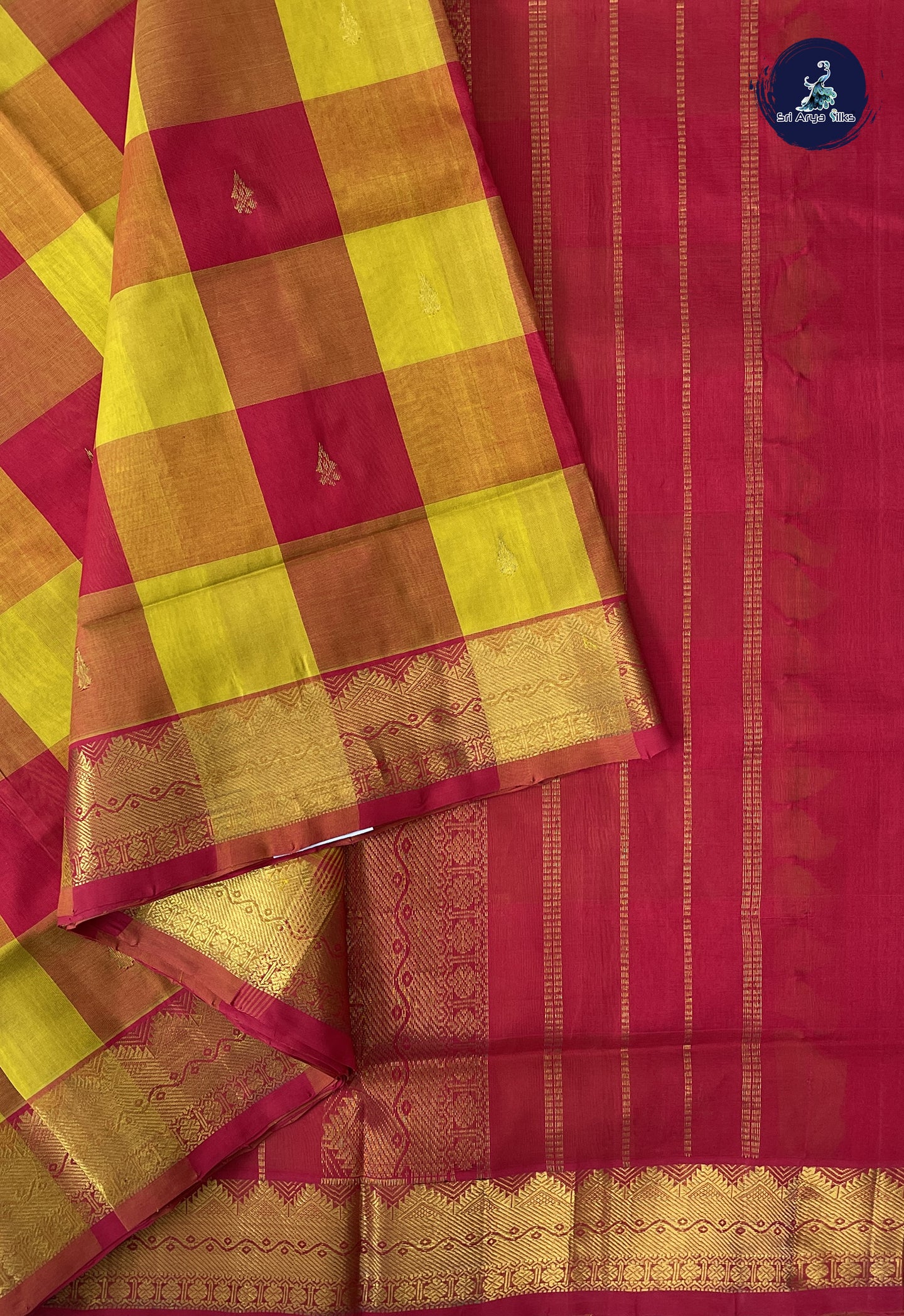Multi Colour 10 Yards Silk Cotton Saree With Checked Pattern