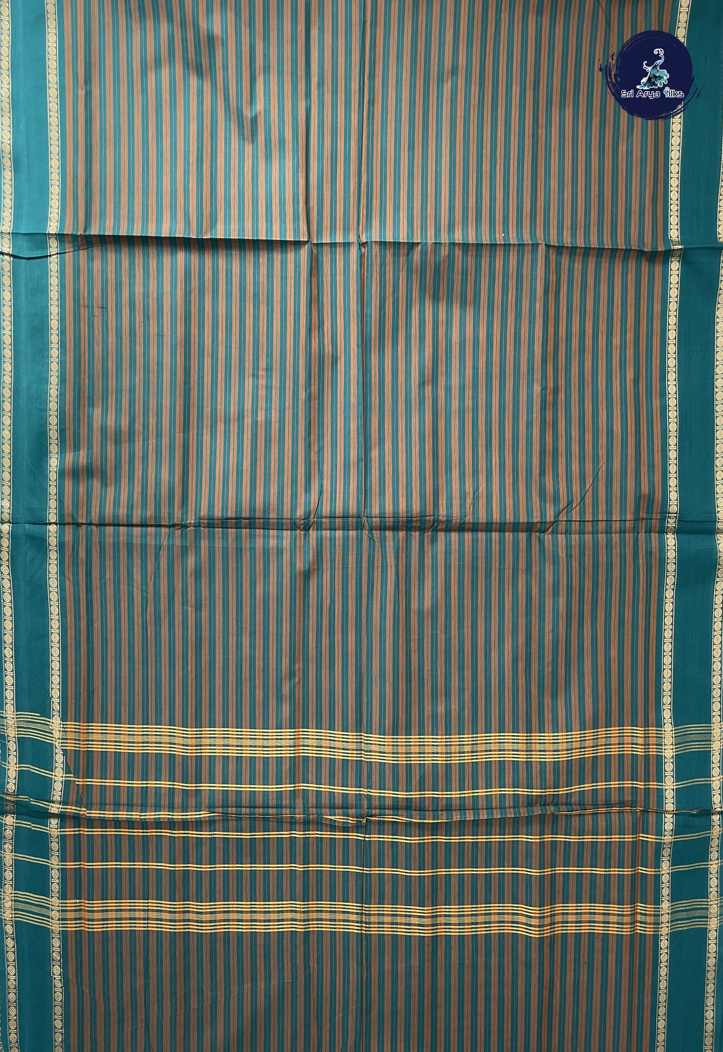 Sapphire Green 10 Yards Madisar Cotton Saree With Stripes Pattern
