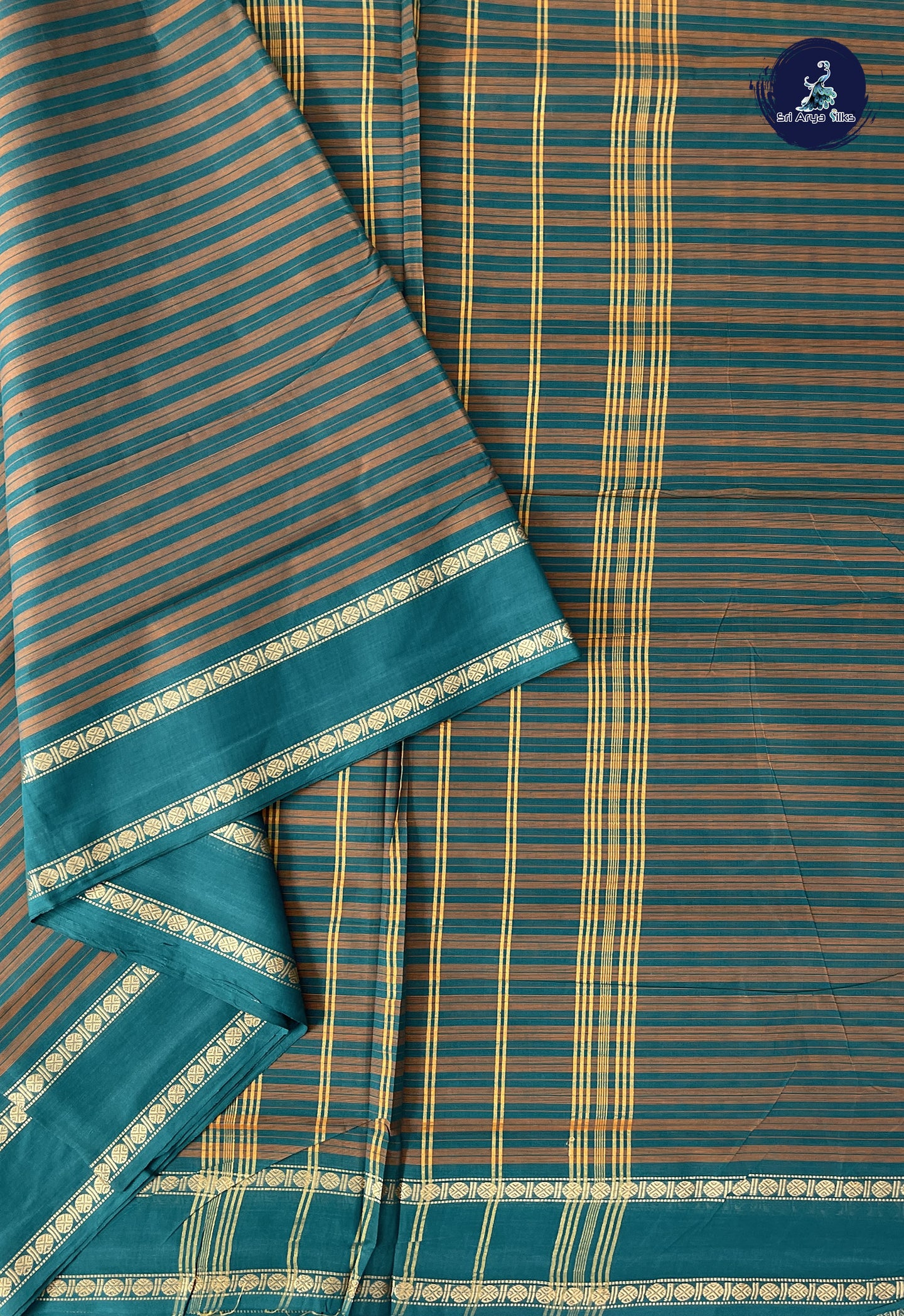 Sapphire Green 10 Yards Madisar Cotton Saree With Stripes Pattern