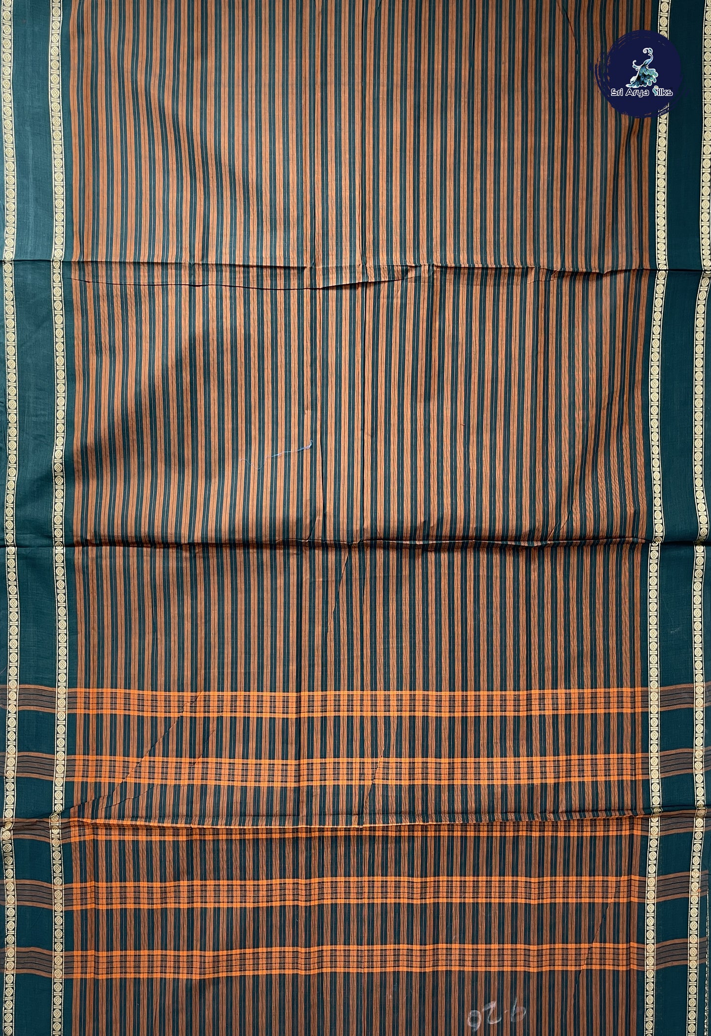 Bottle Green 10 Yards Madisar Cotton Saree With Stripes Pattern