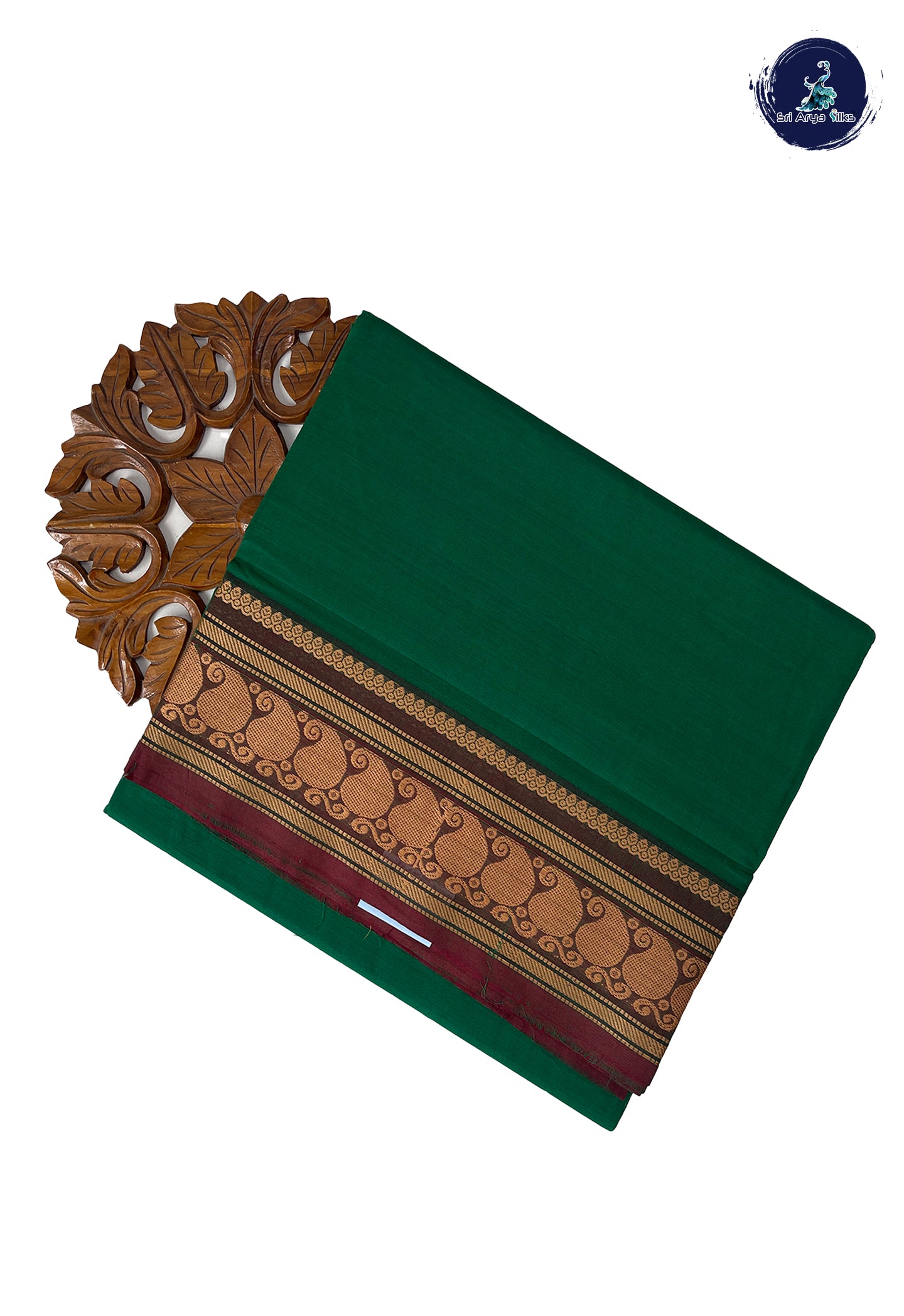 Dark Green 10 Yards Madisar Cotton Saree With Plain Pattern
