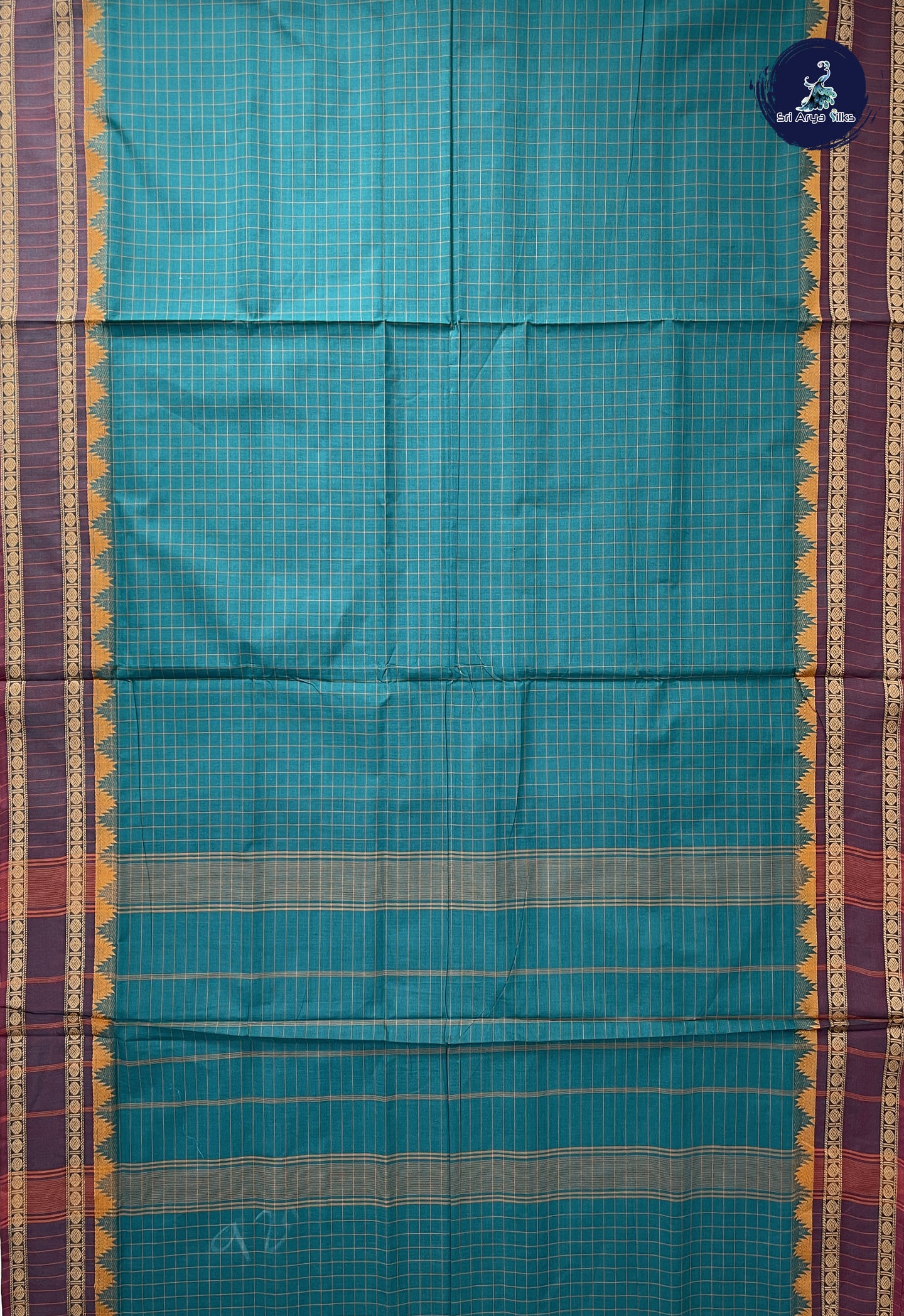 Sapphire Green 10 Yards Madisar Cotton Saree With Checked Pattern