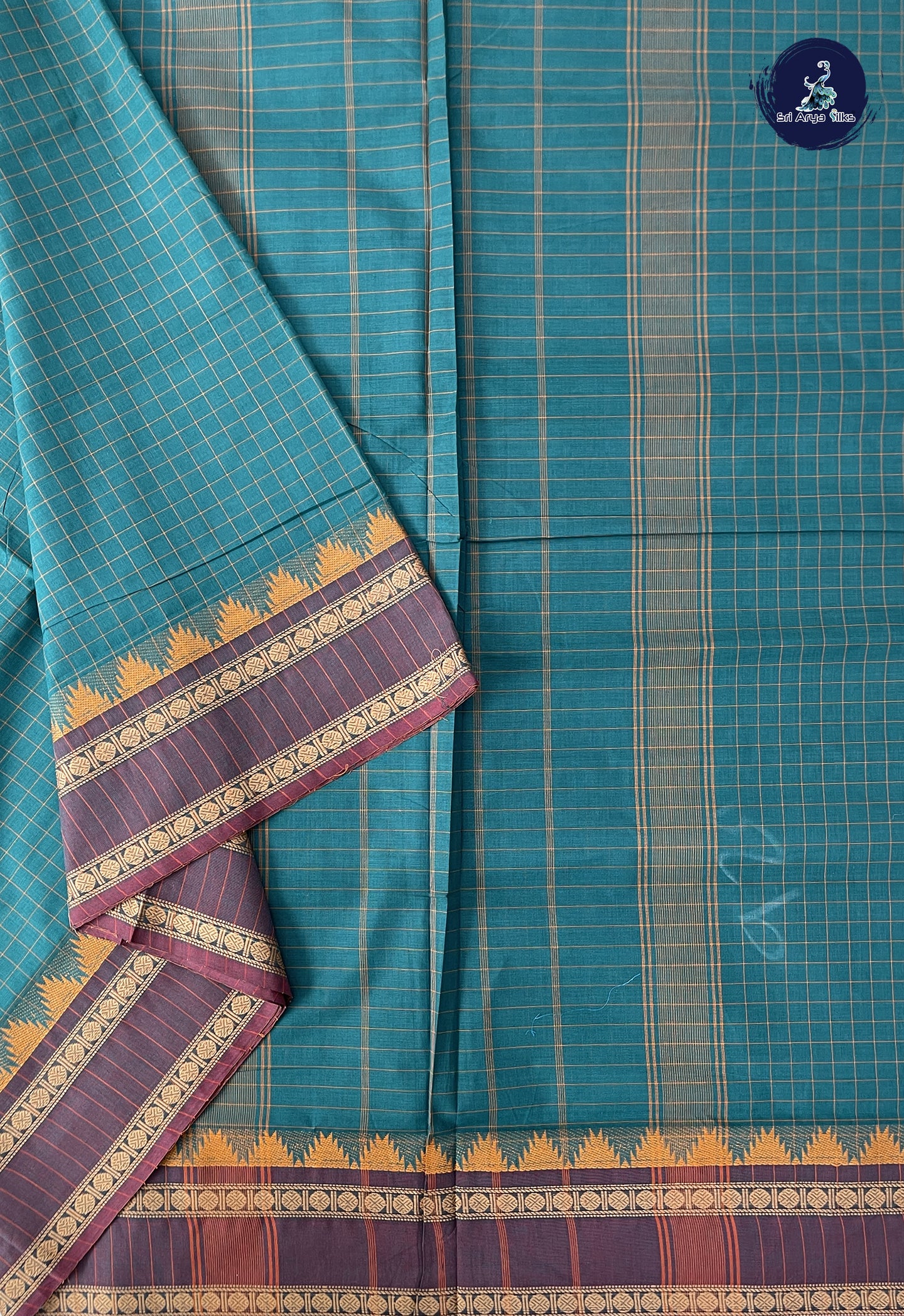 Sapphire Green 10 Yards Madisar Cotton Saree With Checked Pattern