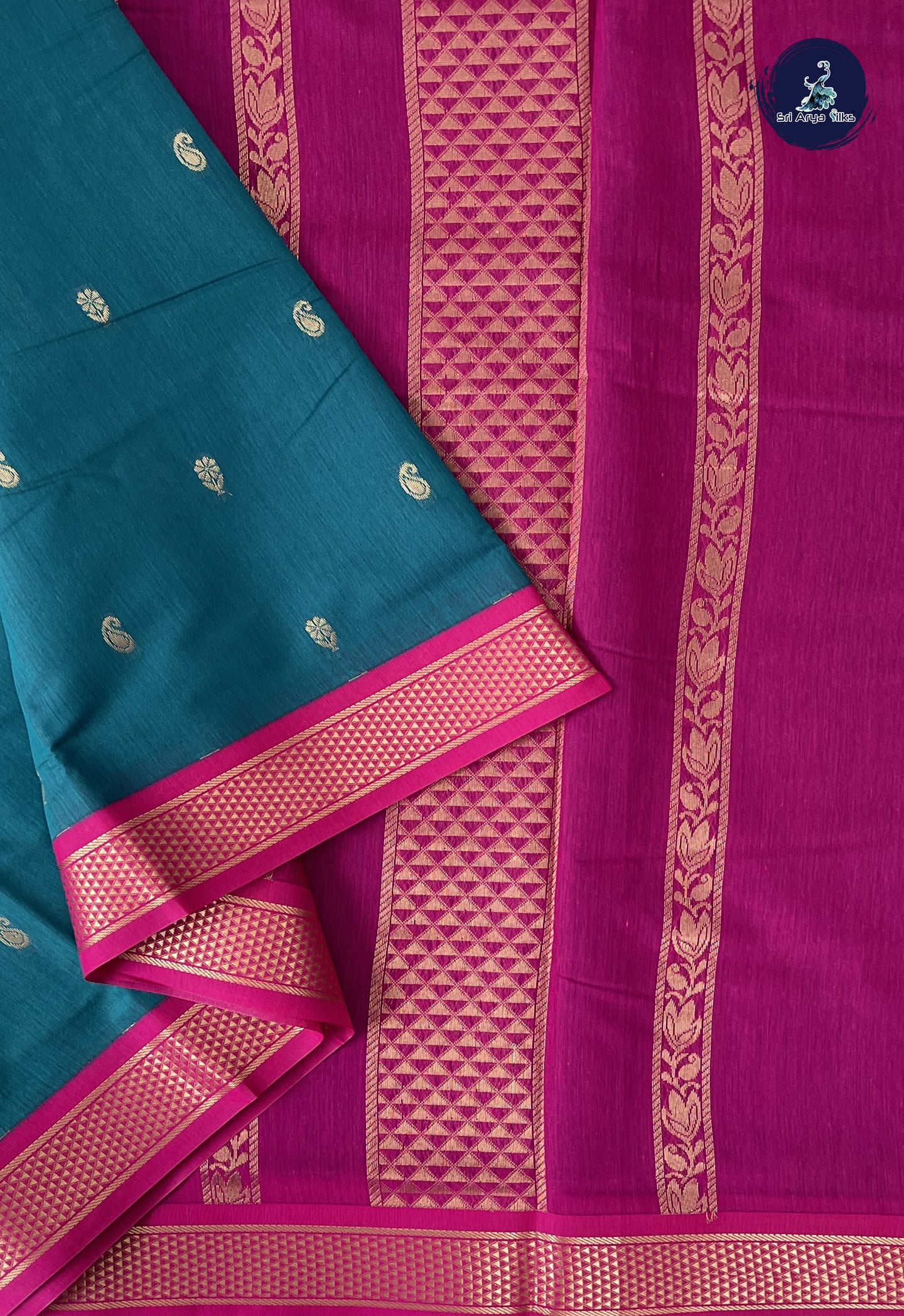 Peacock Green Madisar Semi Silk Cotton Saree With Zari Buttas Pattern