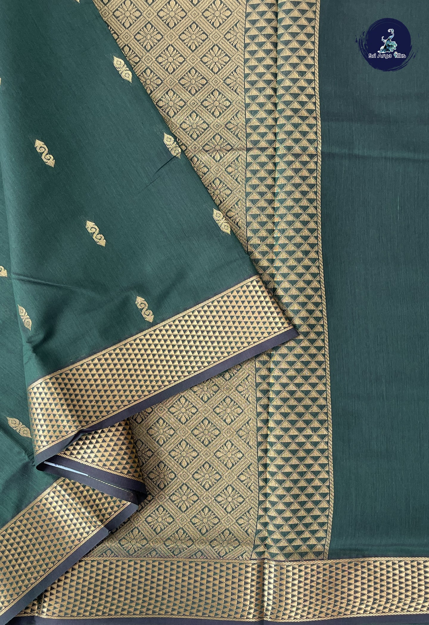 Dark Green Madisar Semi Silk Cotton Saree With Zari Buttas Pattern