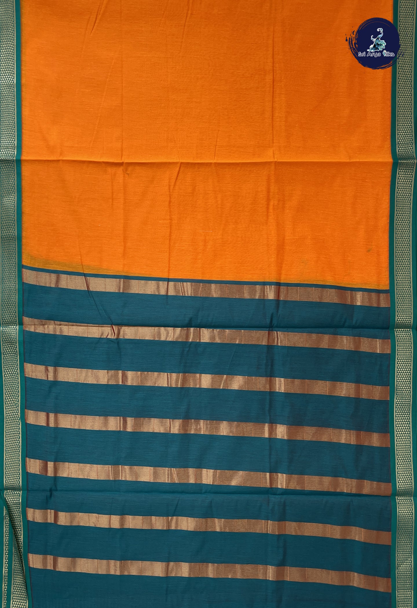 Yellowish Orange Madisar Semi Silk Cotton Saree With Plain Pattern