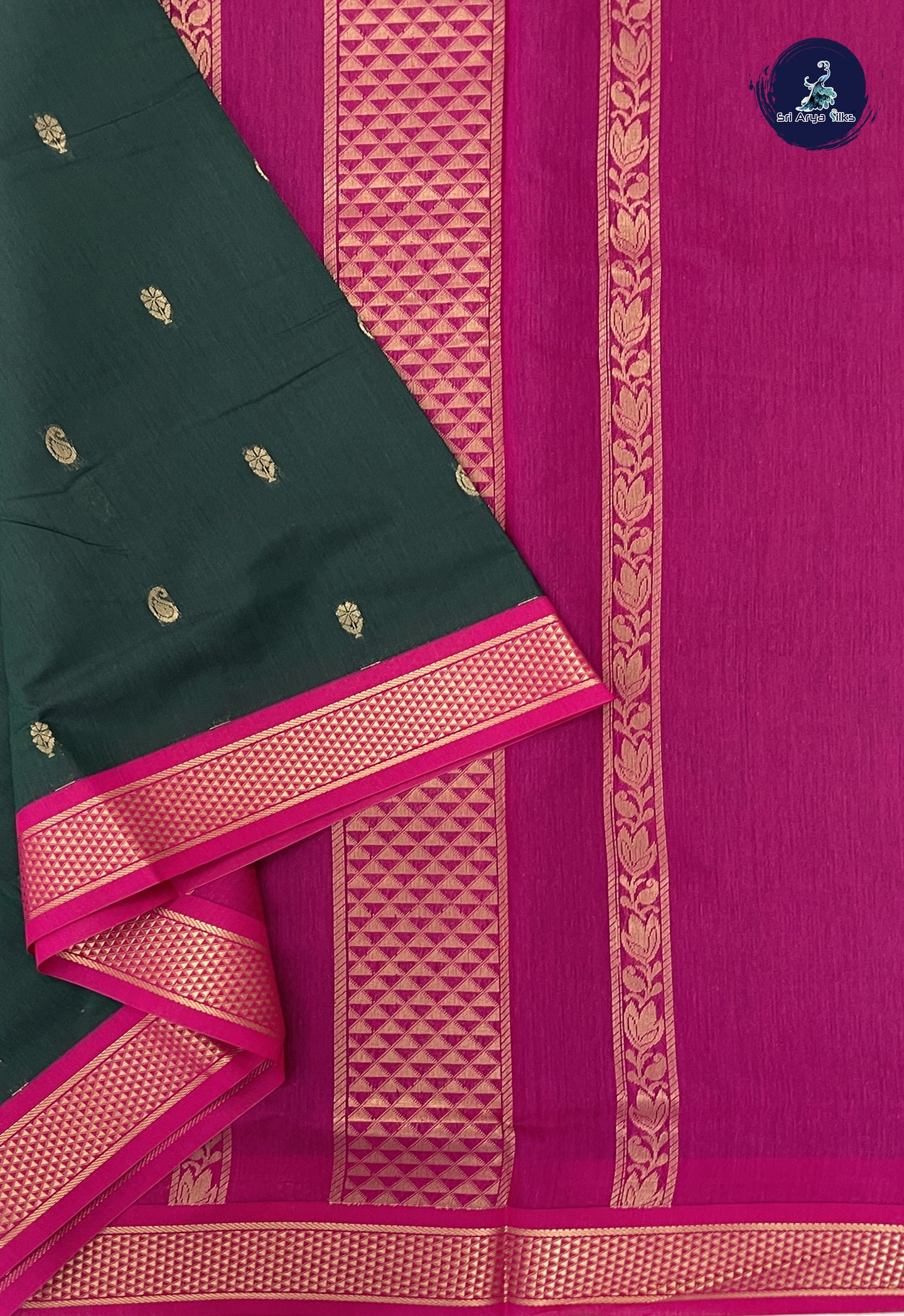 Dark Green 10 Yards Semi Silk Cotton With Zari Buttas Pattern