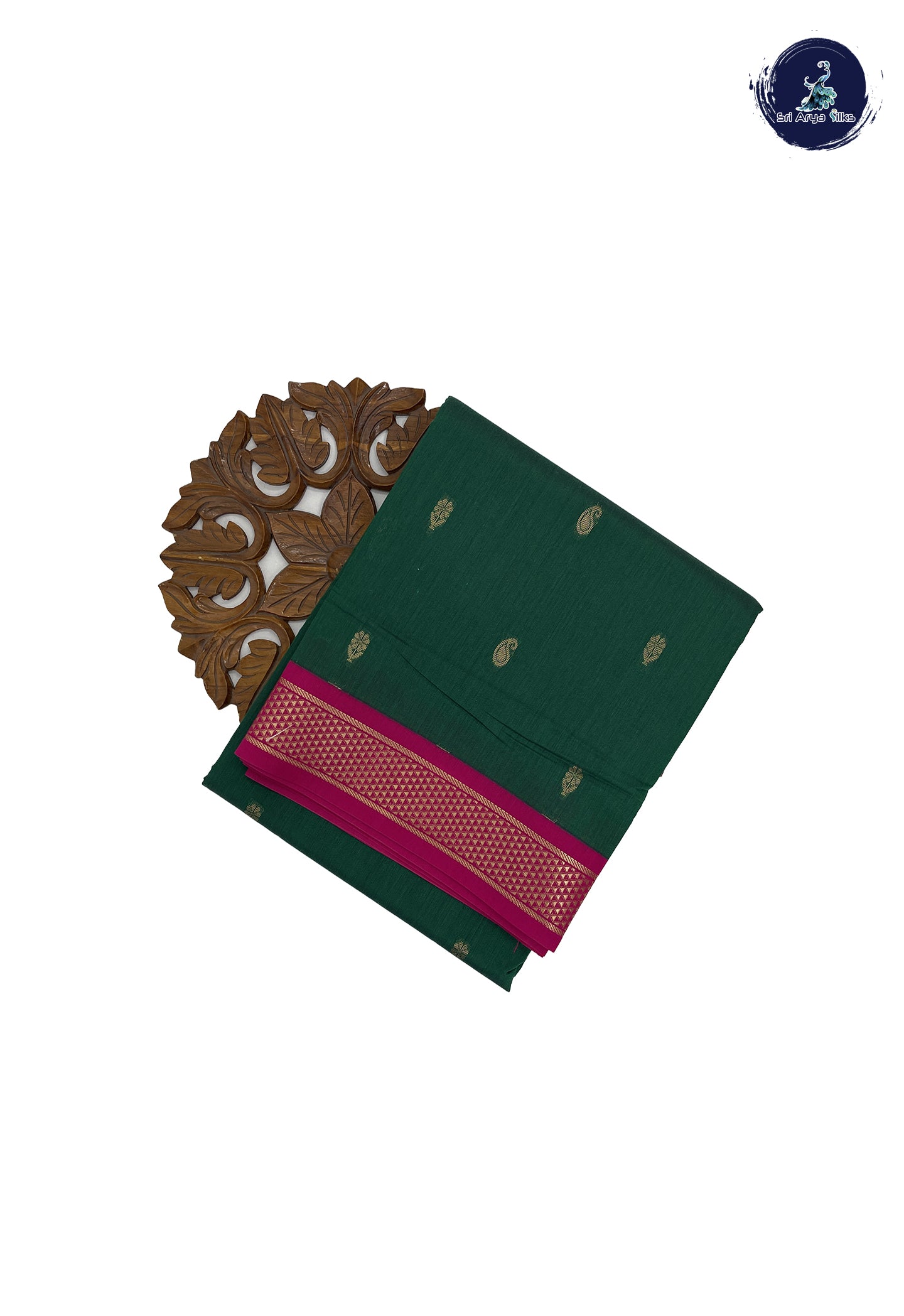 Dark Green 10 Yards Semi Silk Cotton With Zari Buttas Pattern