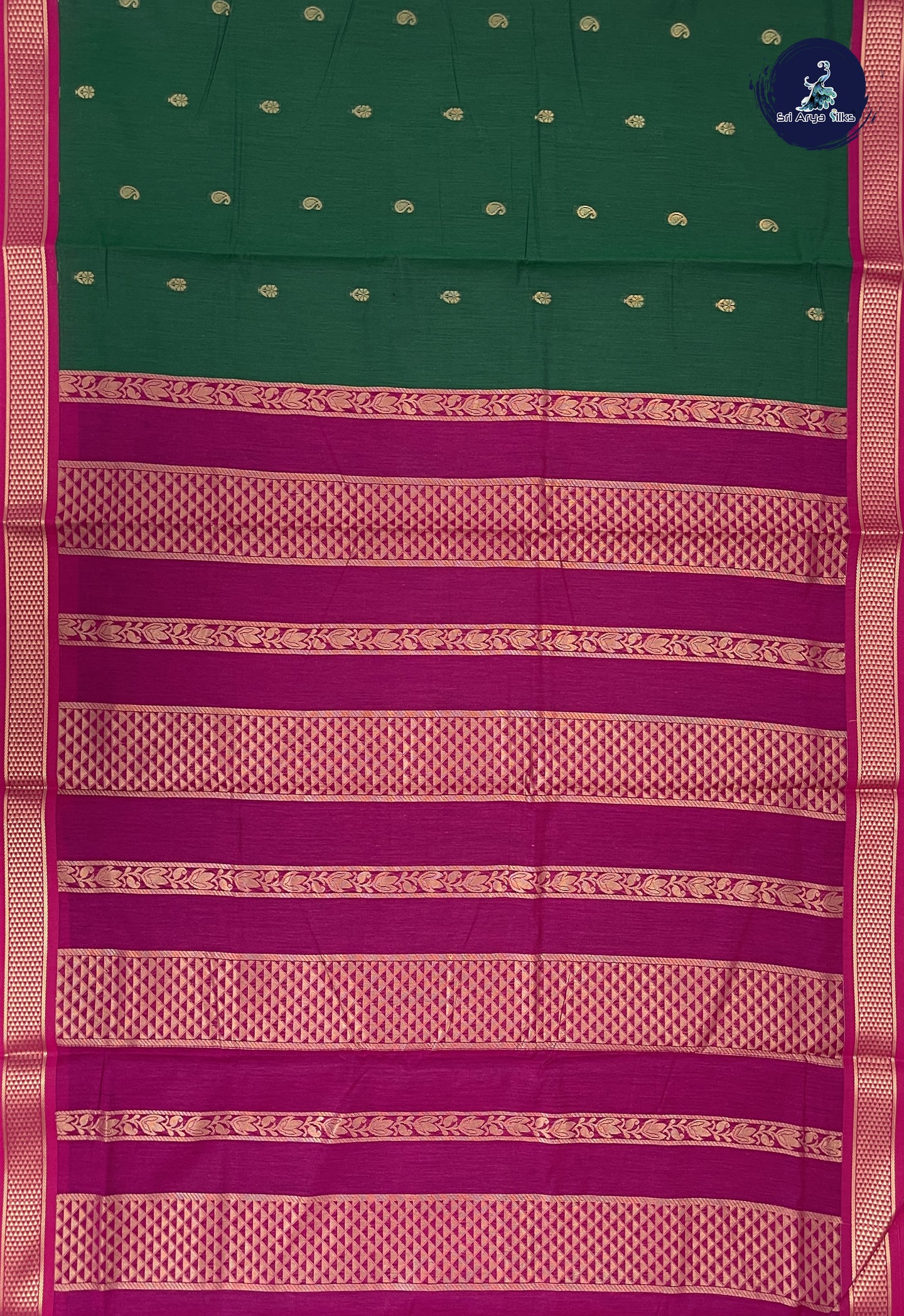 Dark Green 10 Yards Semi Silk Cotton With Zari Buttas Pattern