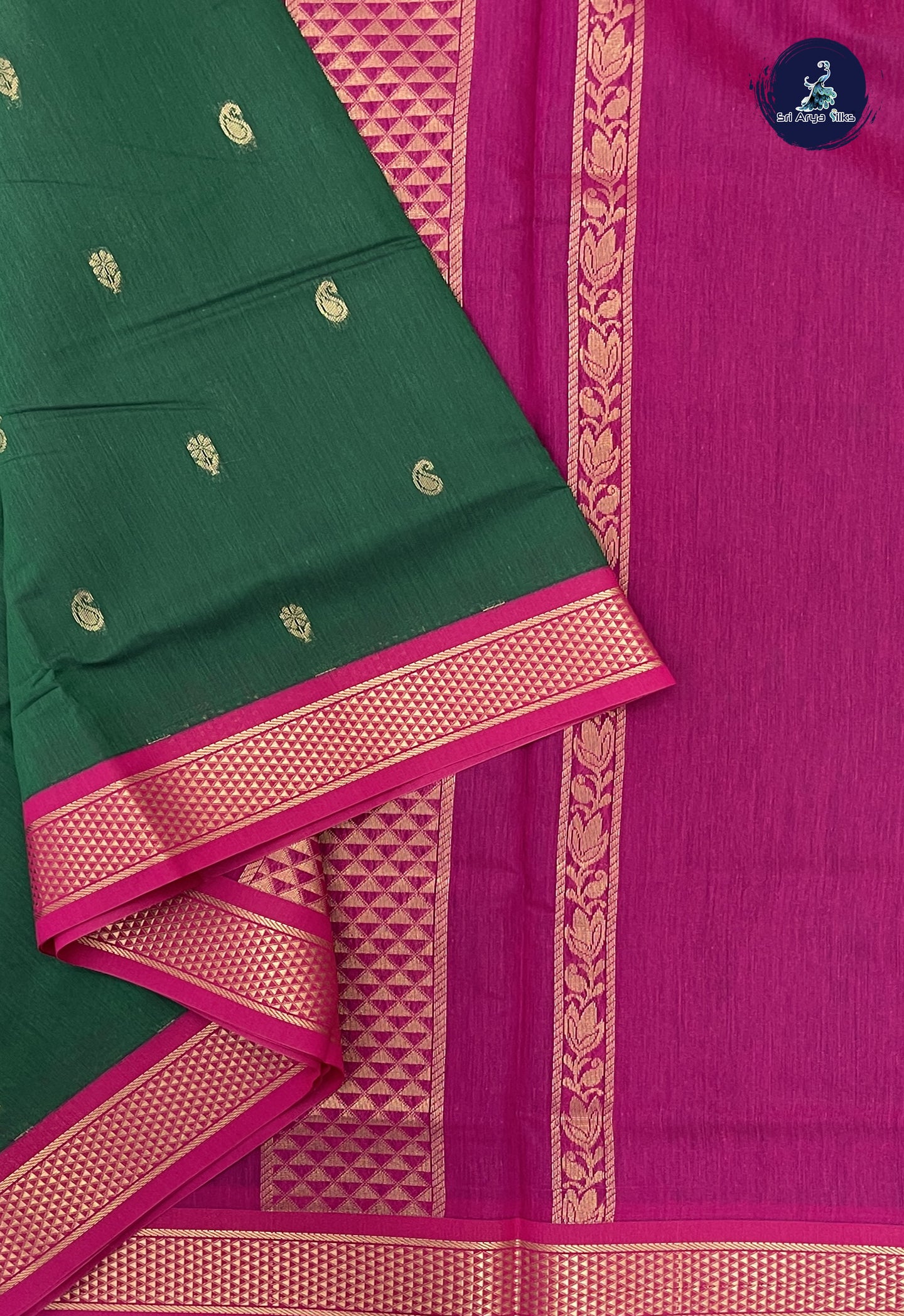 Dark Green 10 Yards Semi Silk Cotton With Zari Buttas Pattern