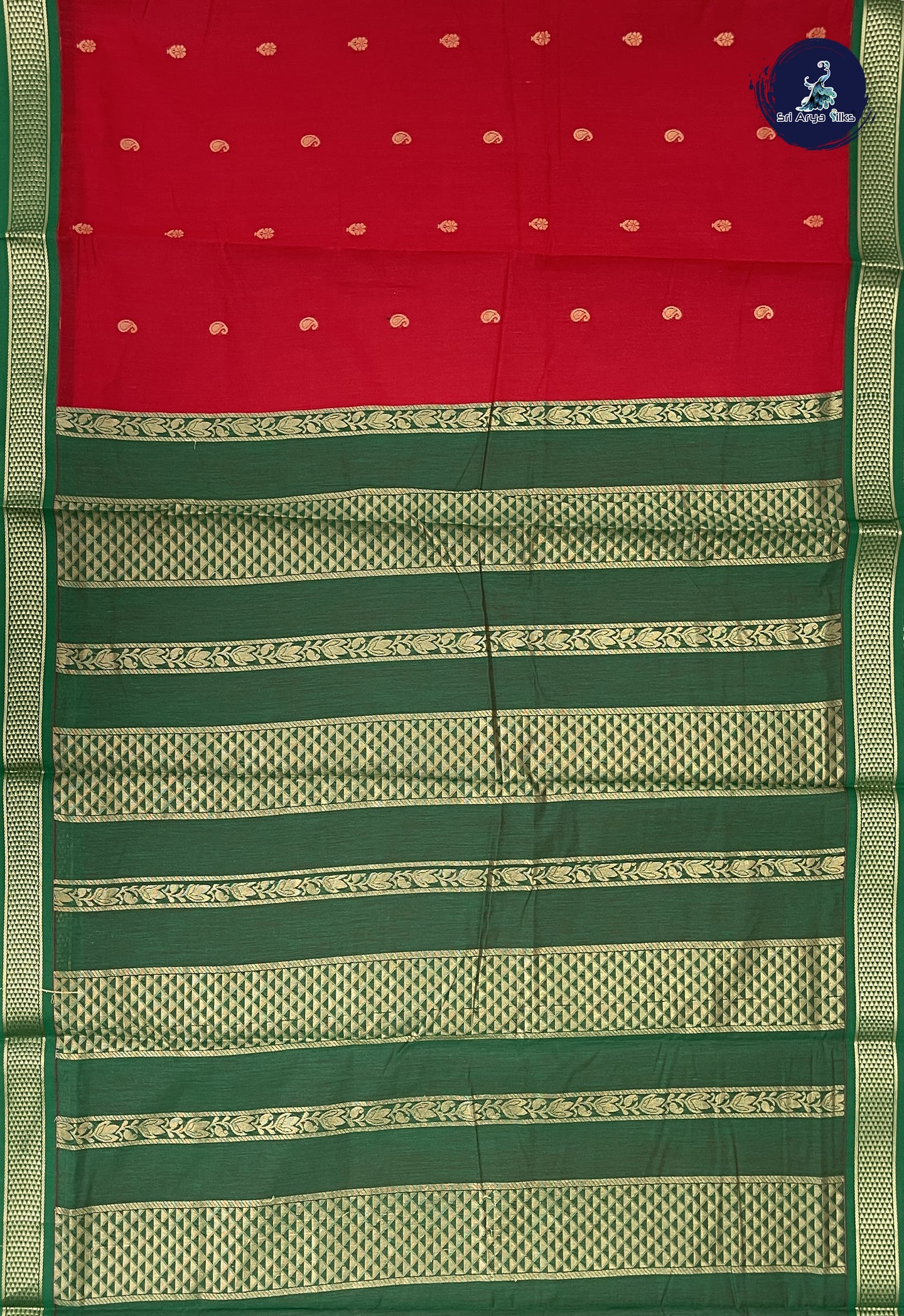 Red 10 Yards Semi Silk Cotton With Zari Buttas Pattern