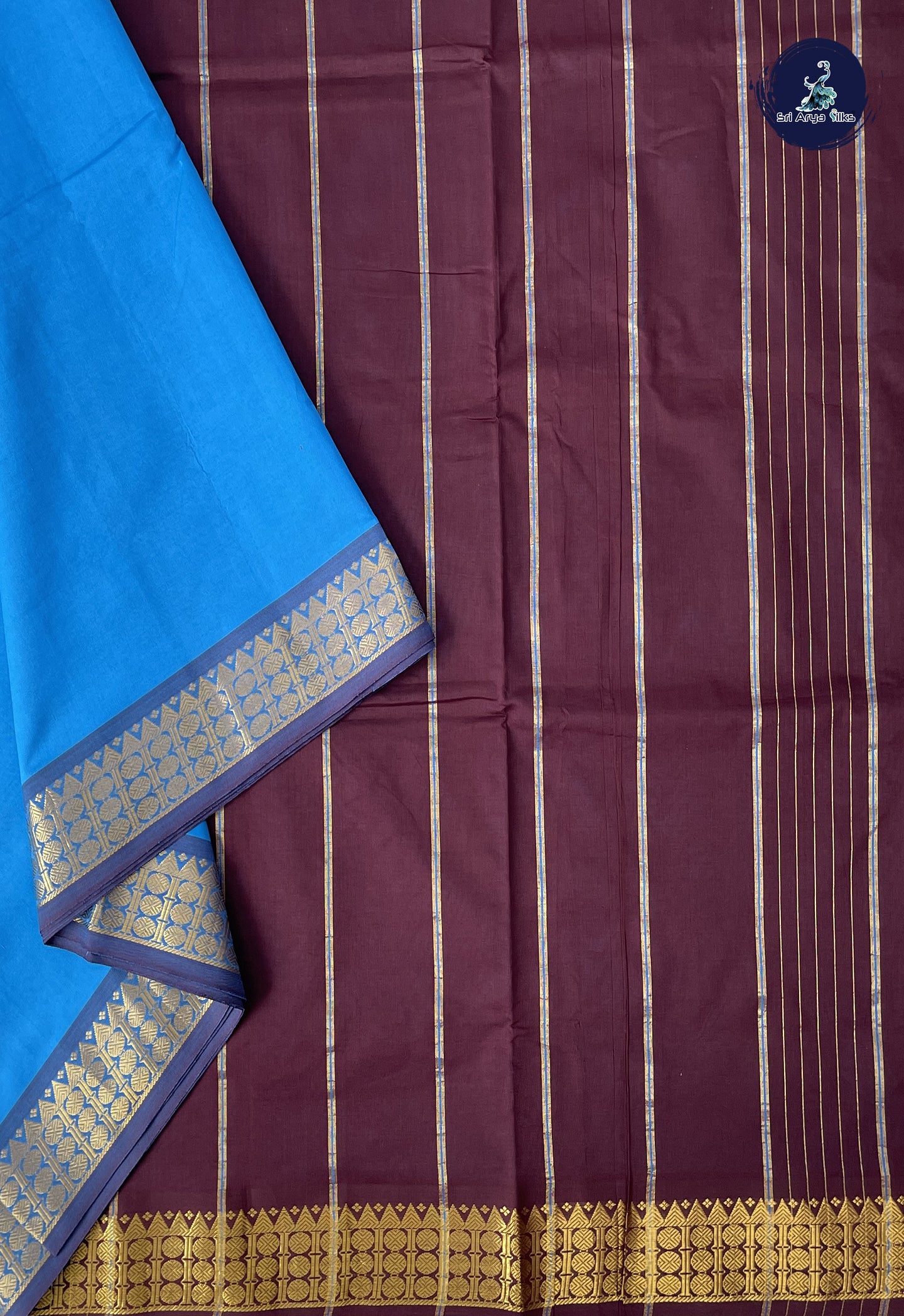 Copper Sulphate Blue 10 Yards Semi Silk Cotton With Plain Pattern