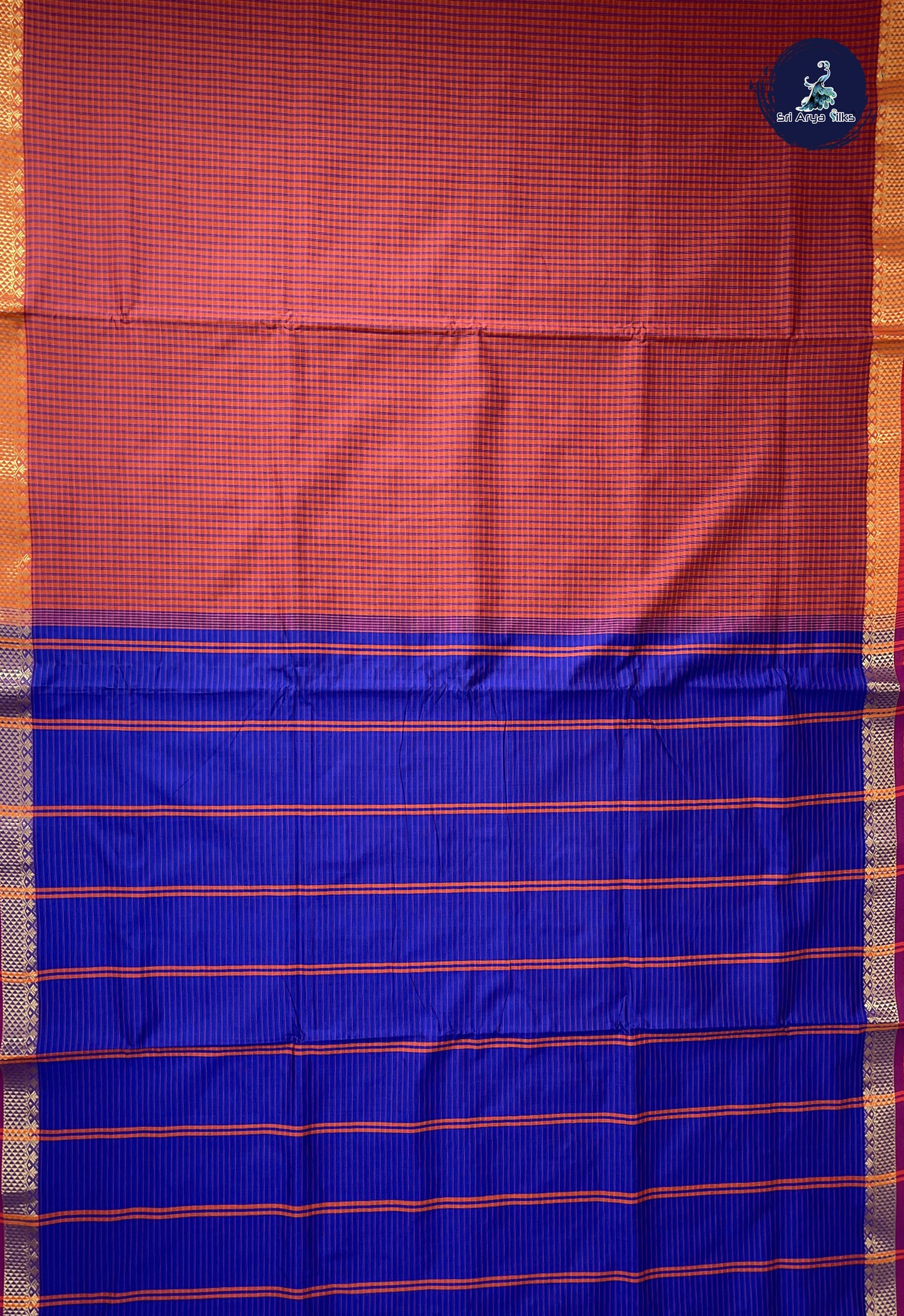 Pinkish Orange 10 Yards Semi Silk Cotton With Checked Pattern