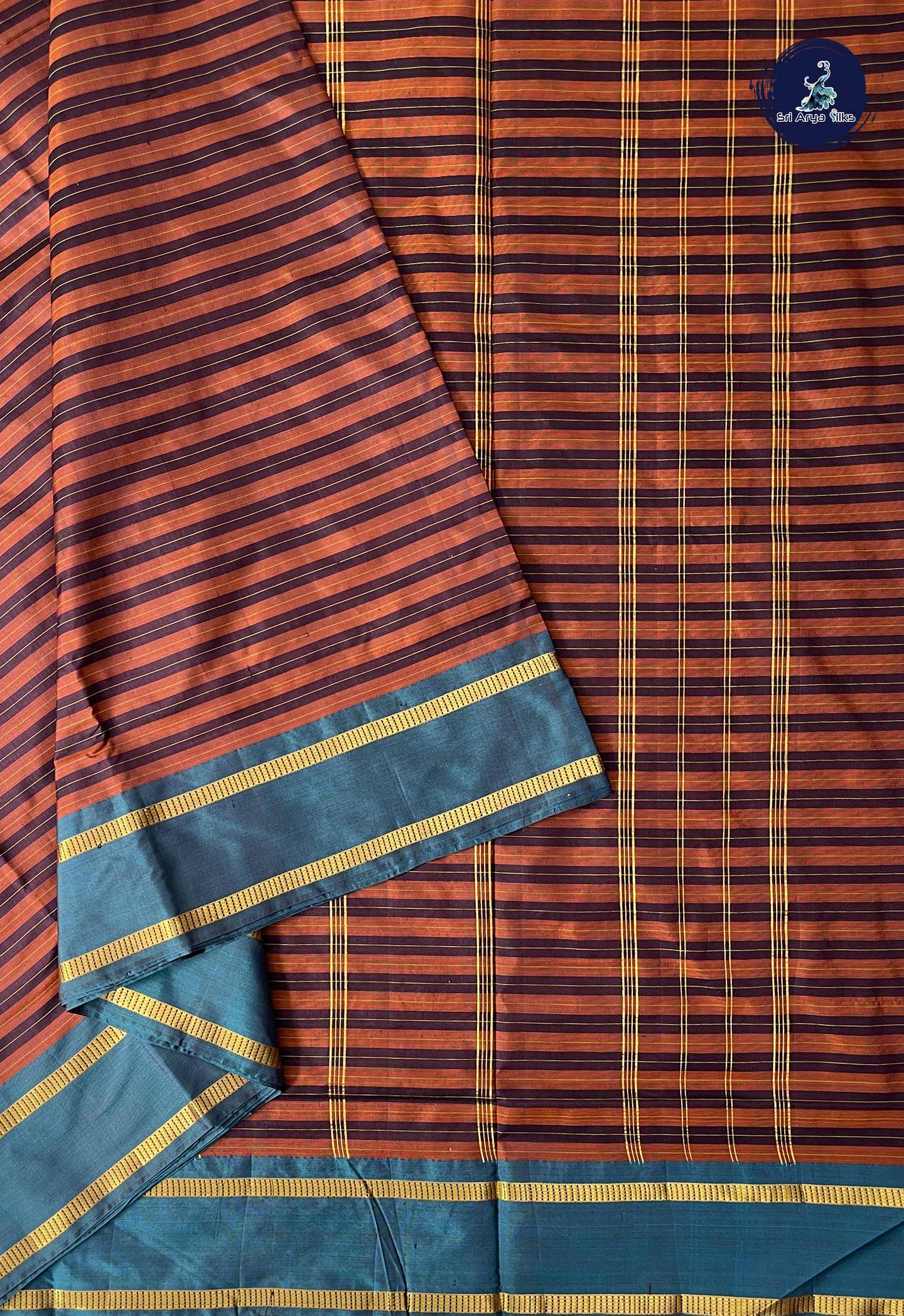 Rust Madisar 10 Yards Silk Saree With Stripes Pattern
