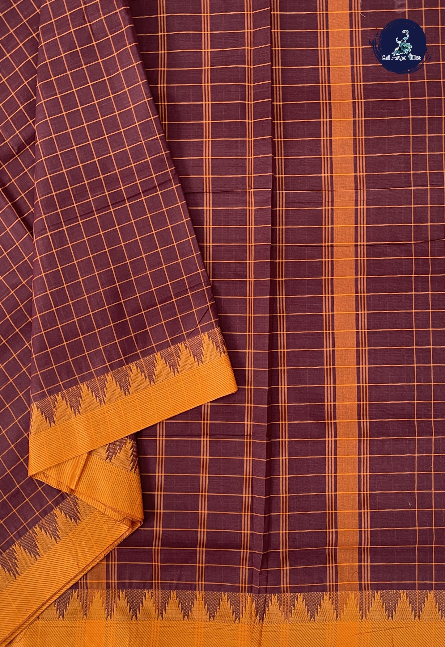 Brown 10 Yards Madisar Cotton Saree With Checked Pattern