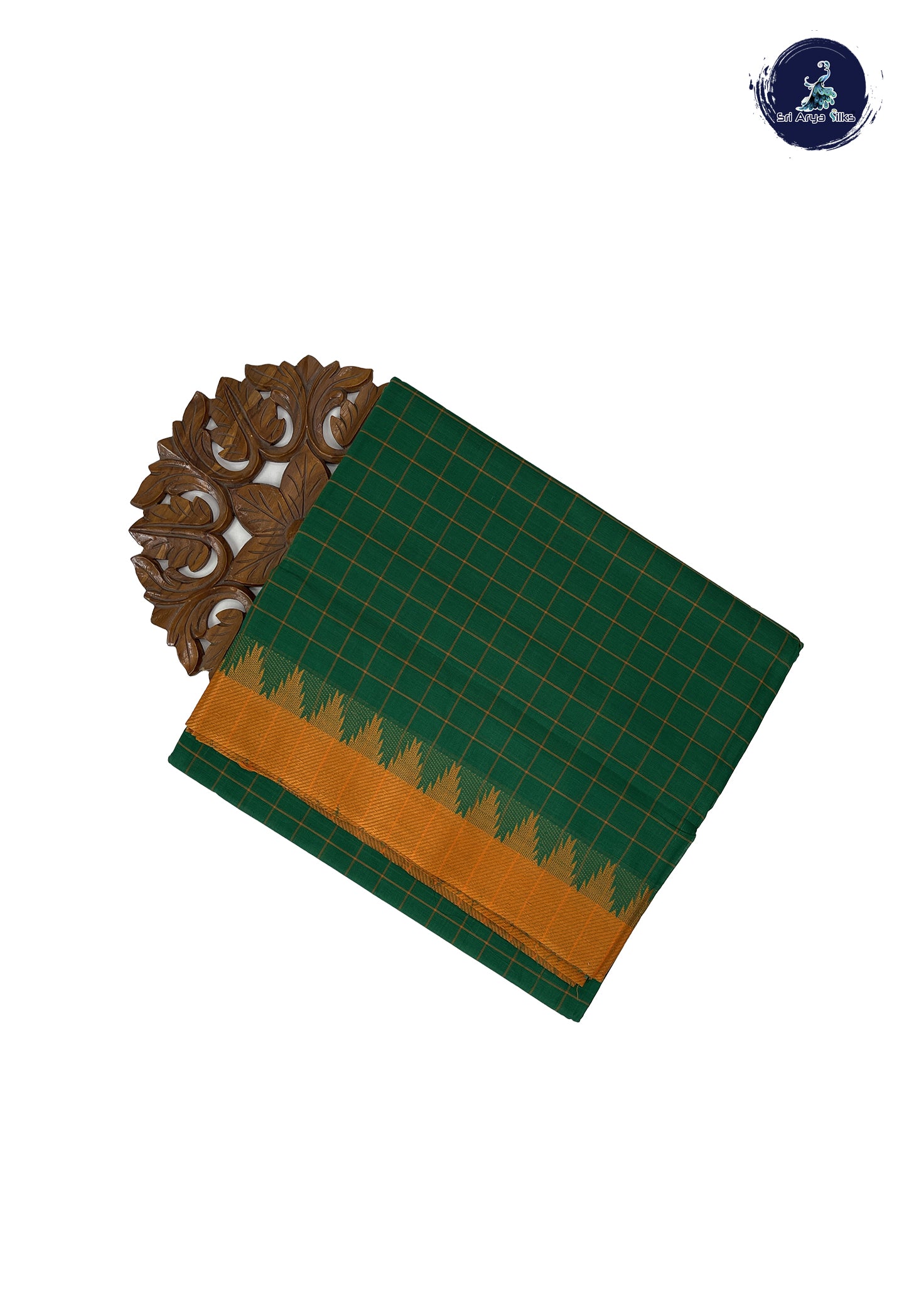Dark Green 10 Yards Madisar Cotton Saree With Checked Pattern