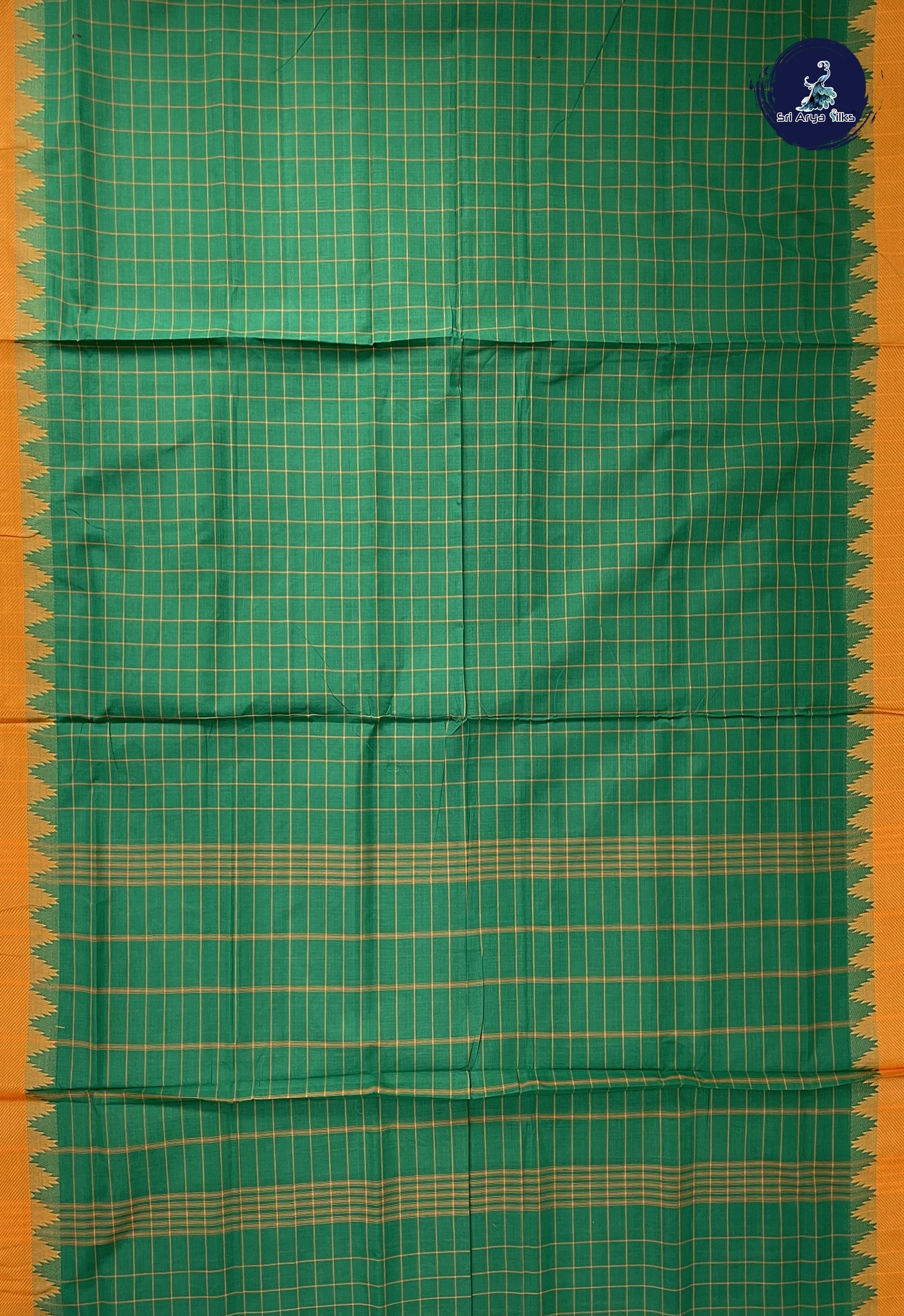 Dark Green 10 Yards Madisar Cotton Saree With Checked Pattern