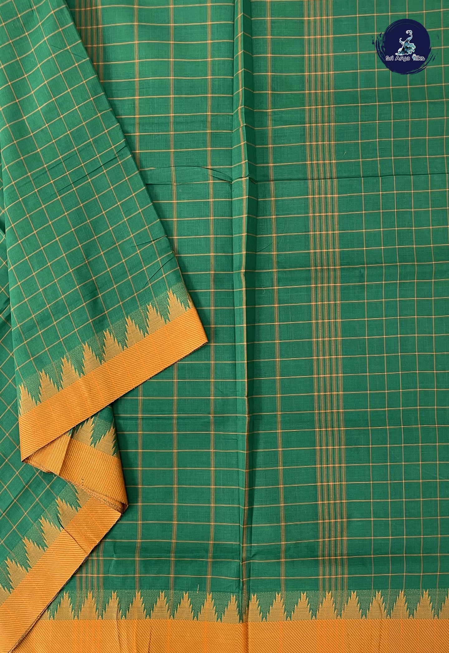 Dark Green 10 Yards Madisar Cotton Saree With Checked Pattern