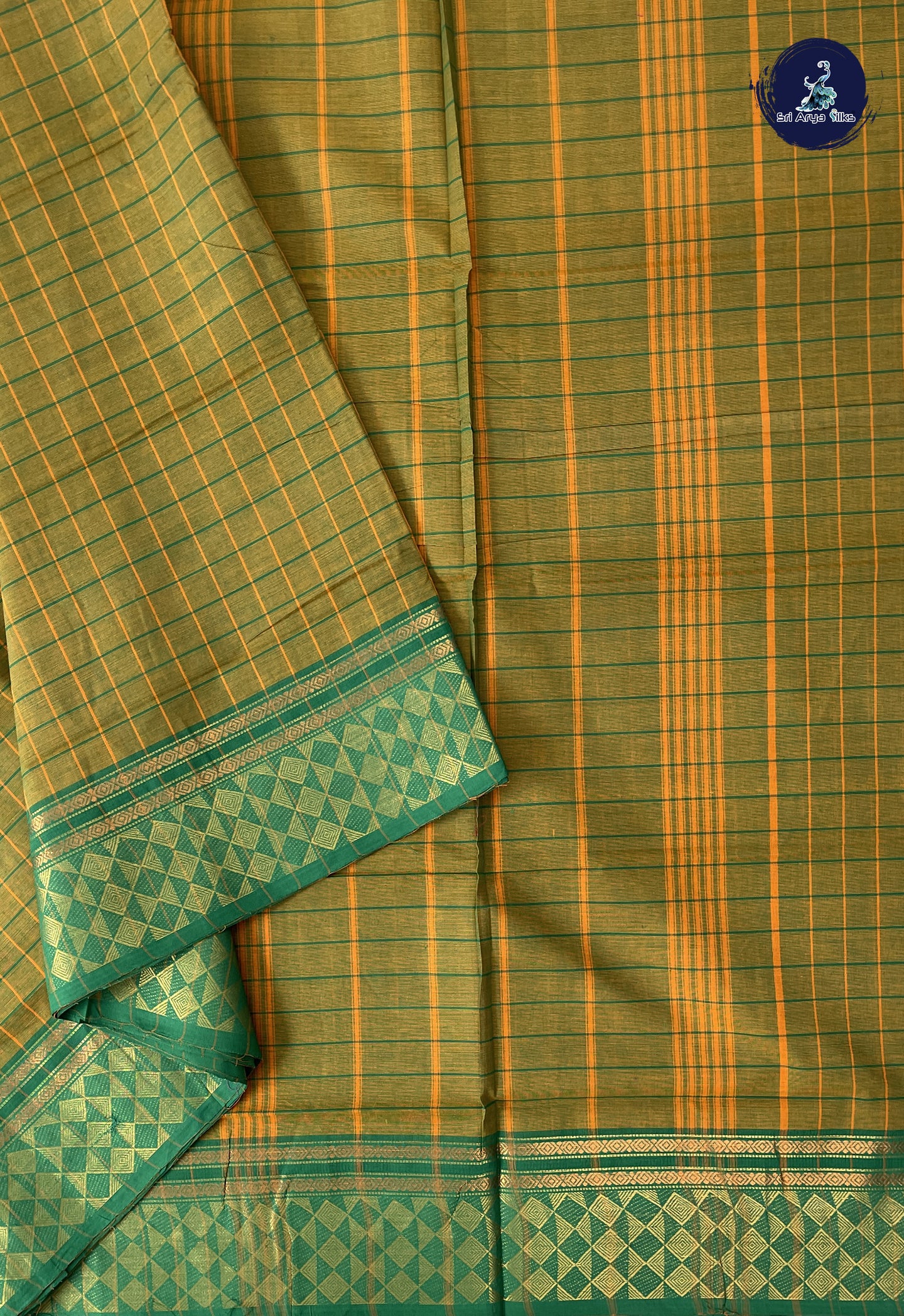 Dual Tone Mehendi Green 10 Yards Madisar Cotton Saree With Checked Pattern