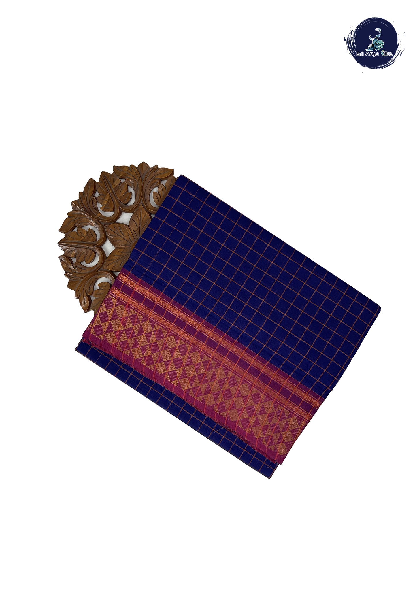 Dark Blue 10 Yards Madisar Cotton Saree With Checked Pattern