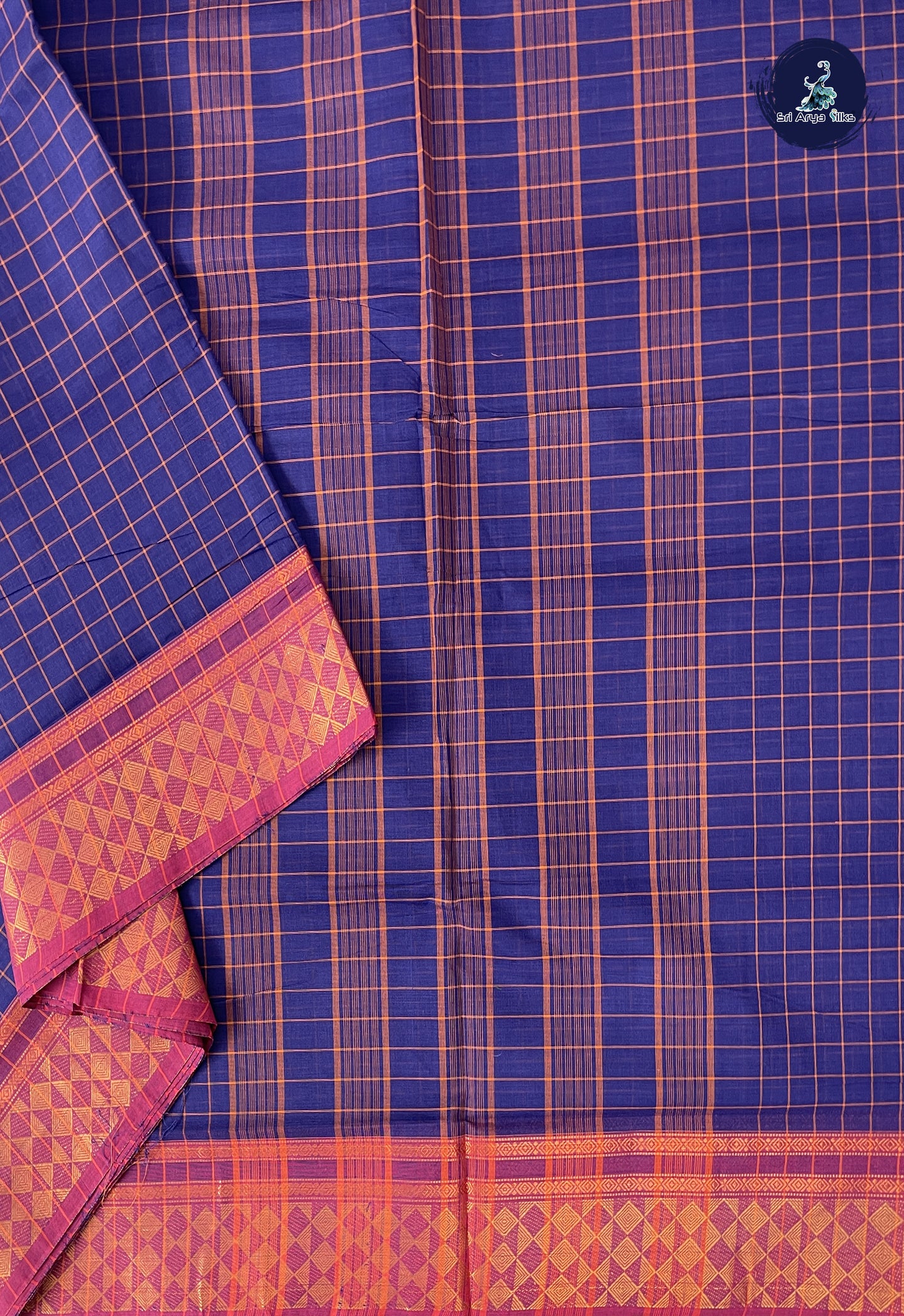 Dark Blue 10 Yards Madisar Cotton Saree With Checked Pattern