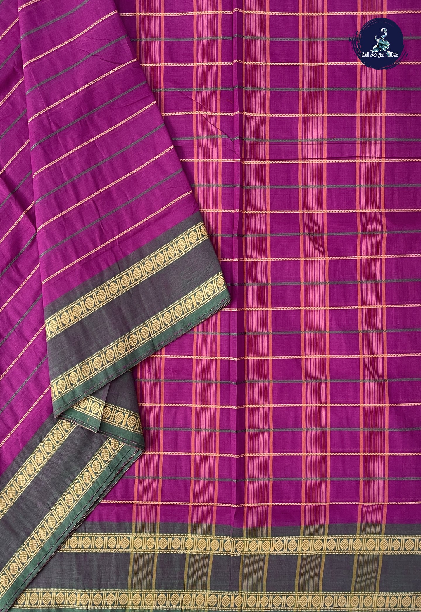 Purple 10 Yards Madisar Cotton Saree With Veldhari Stripes Pattern