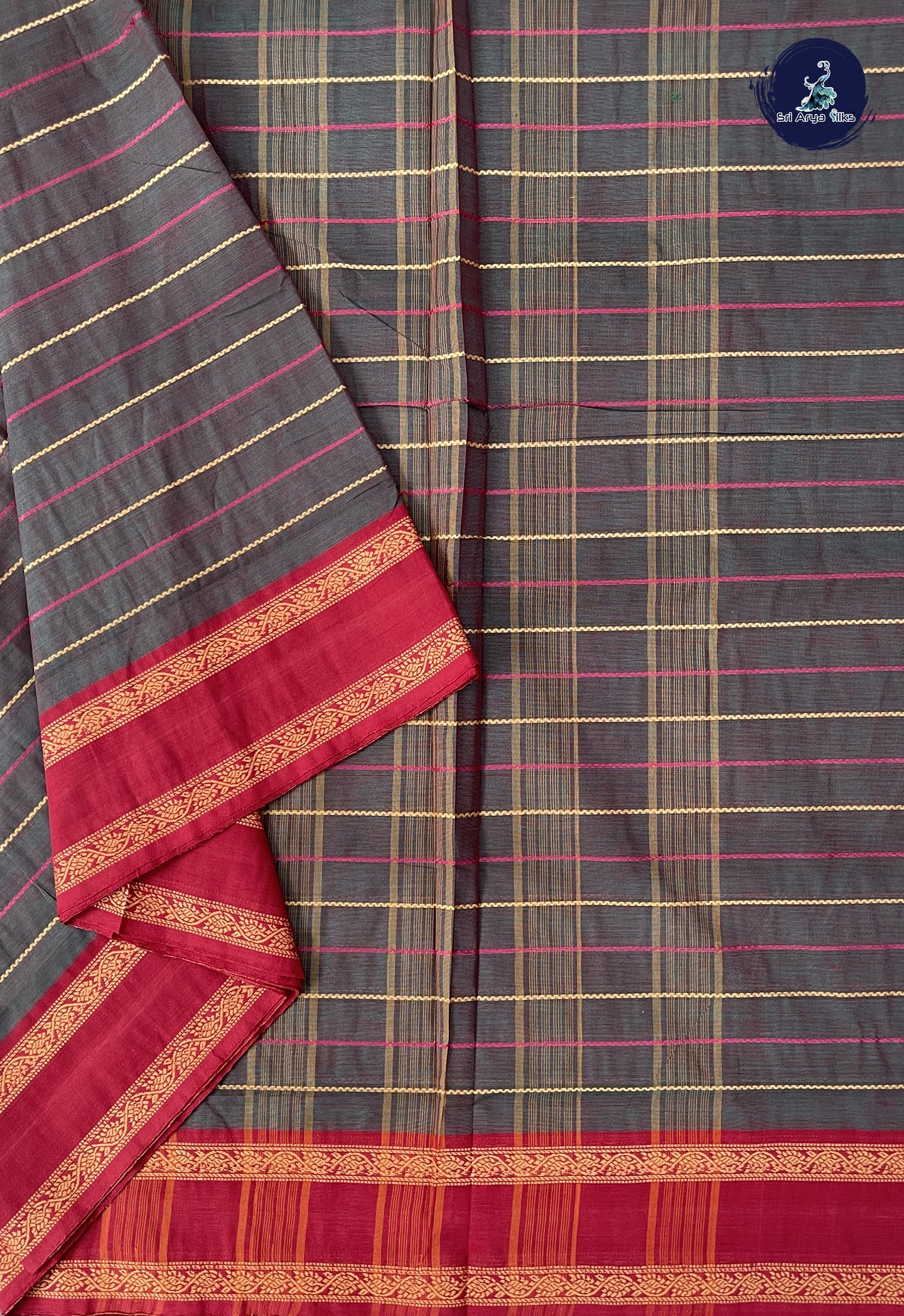 Dual Tone Grey 10 Yards Madisar Cotton Saree With Veldhari Stripes Pattern