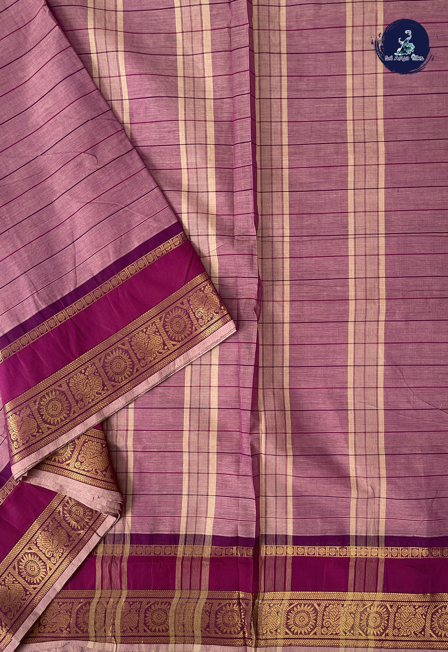 Light Burgundy 10 Yards Madisar Cotton Saree With Stripes Pattern