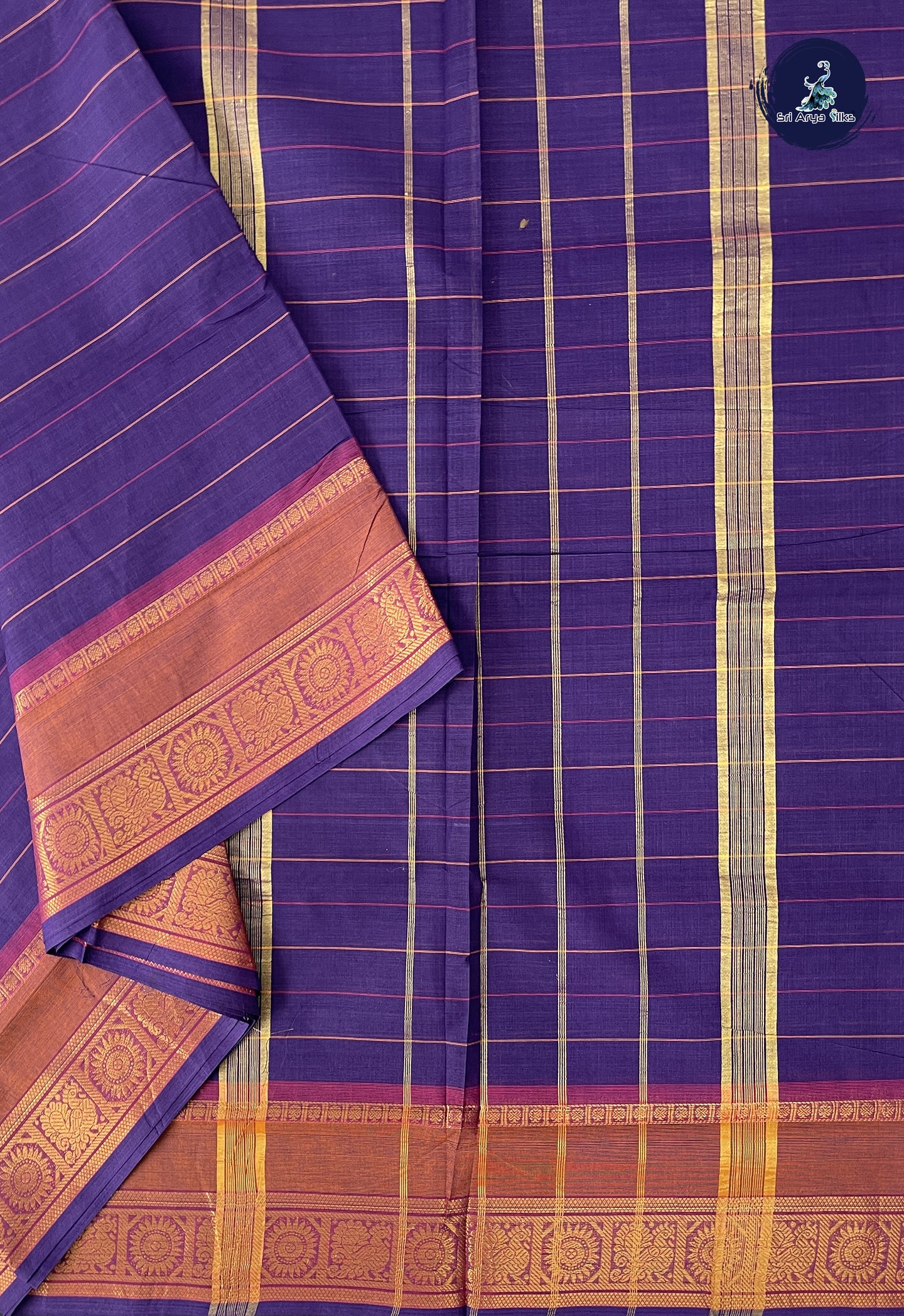 Dark Violet 10 Yards Madisar Cotton Saree With Stripes Pattern