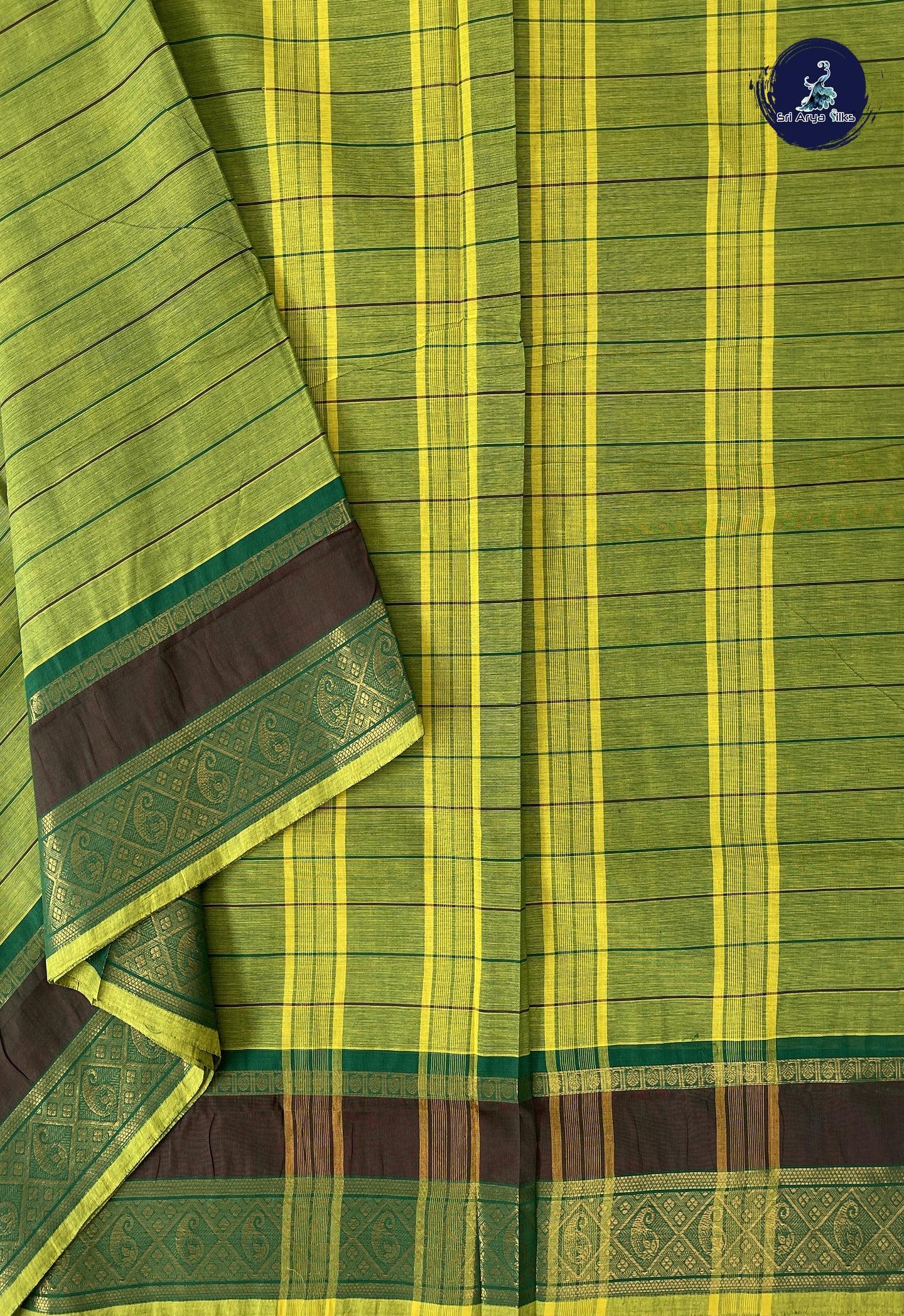 Light Green 10 Yards Madisar Cotton Saree With Stripes Pattern