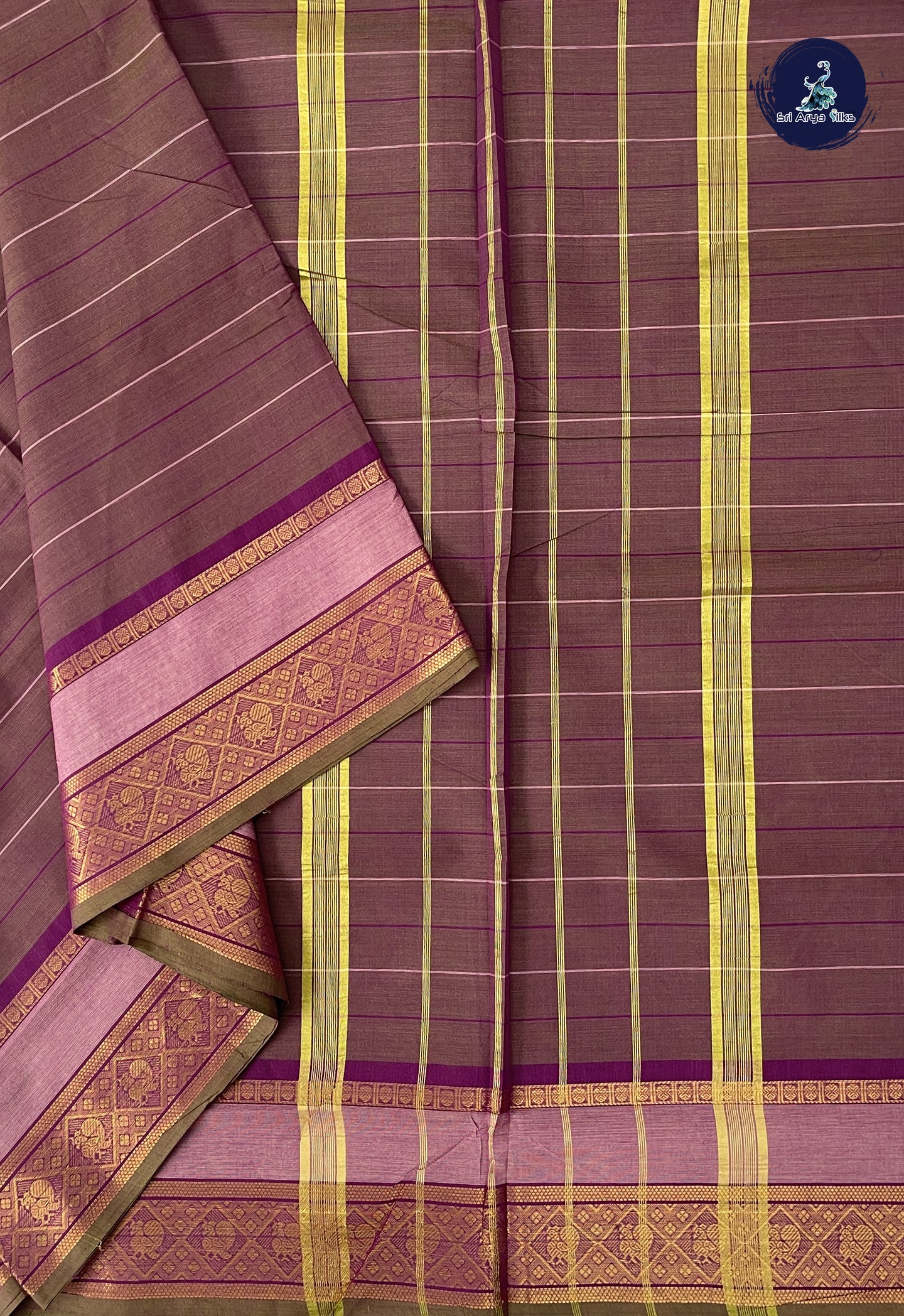 Dual Tone Purple 10 Yards Madisar Cotton Saree With Stripes Pattern