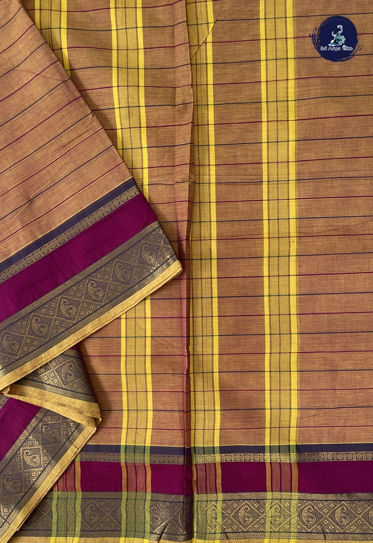 Golden Brown 10 Yards Madisar Cotton Saree With Stripes Pattern