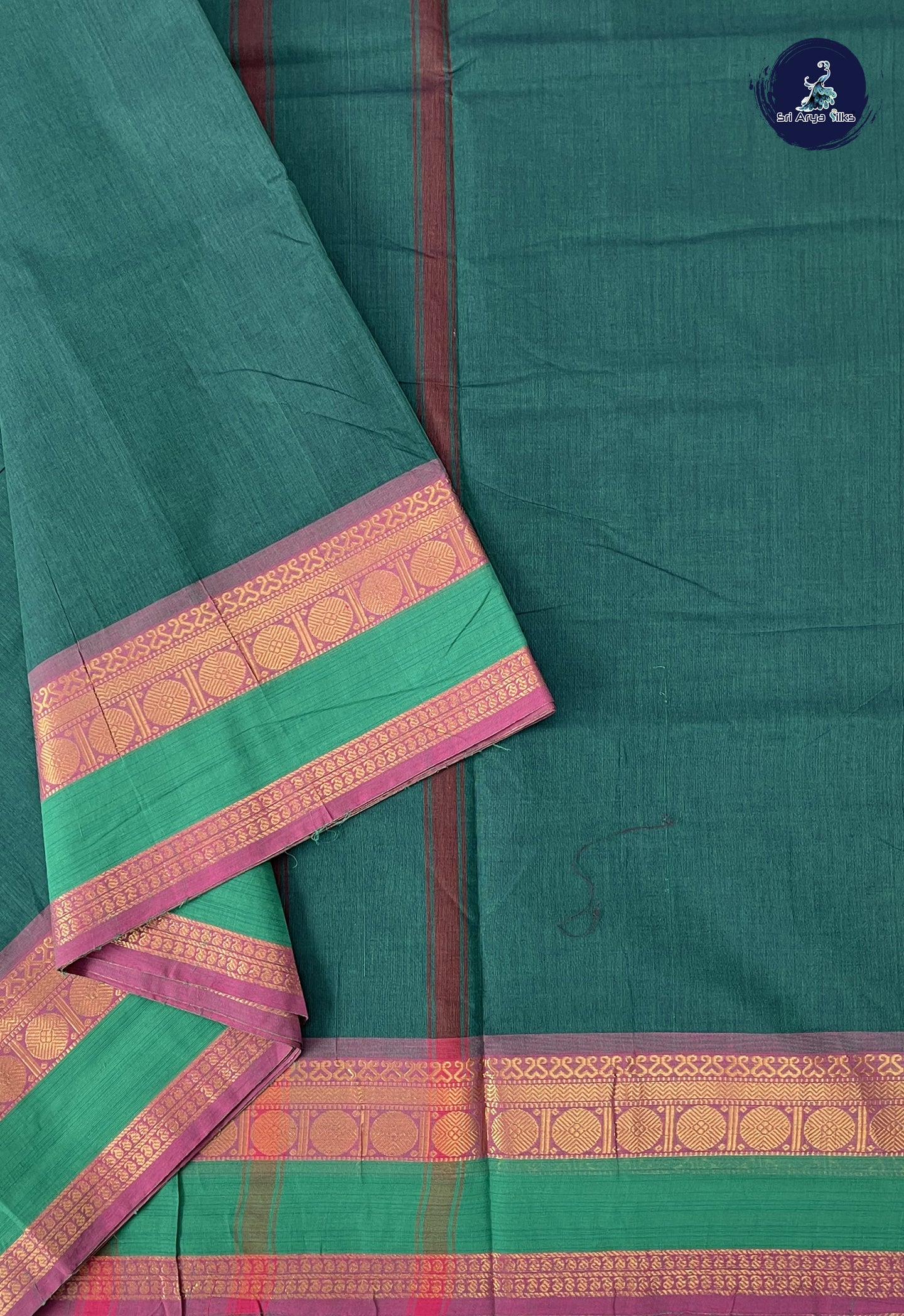 Green 10 Yards Madisar Cotton Saree With Plain Pattern