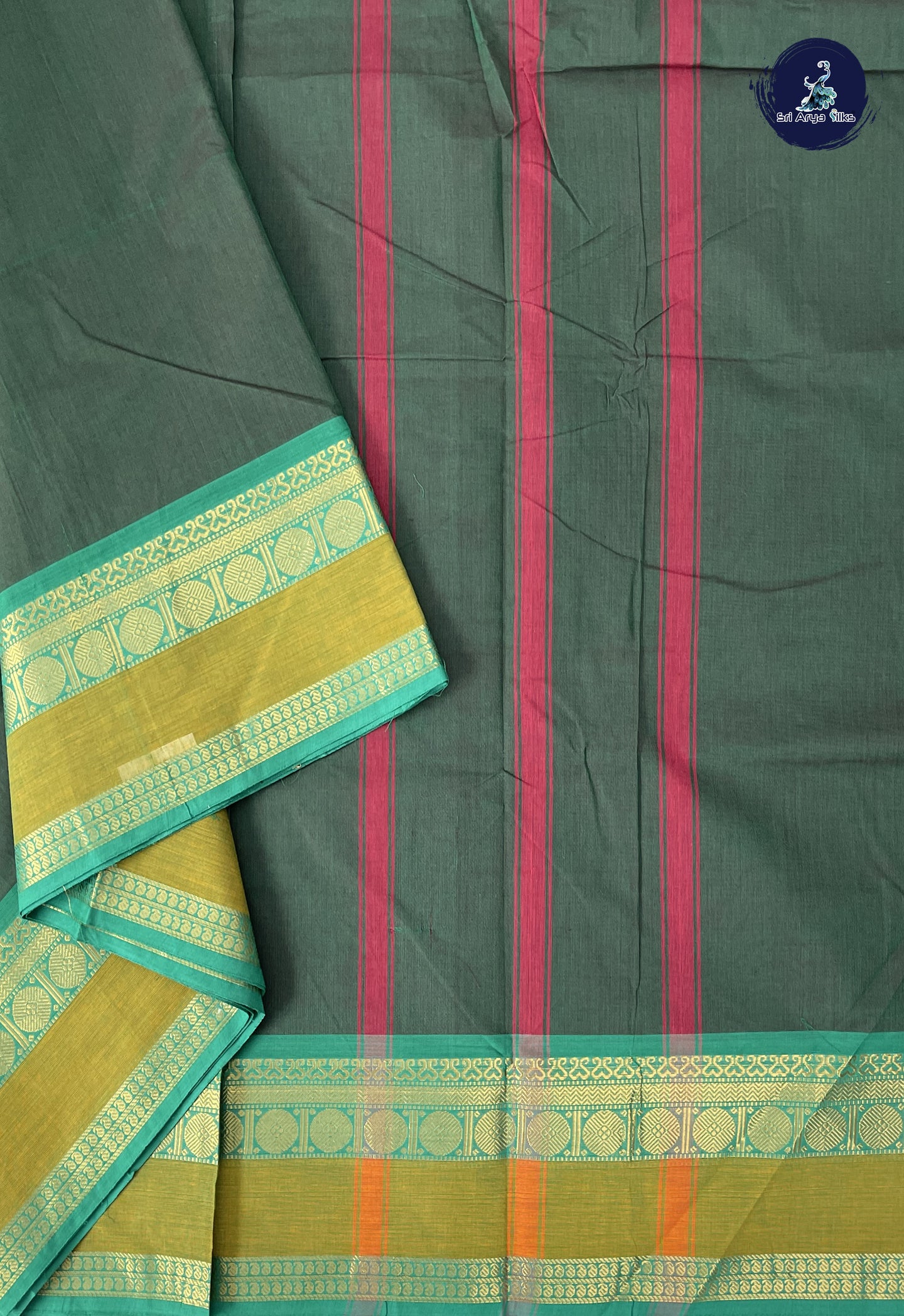 Dual Tone Green 10 Yards Madisar Cotton Saree With Plain Pattern