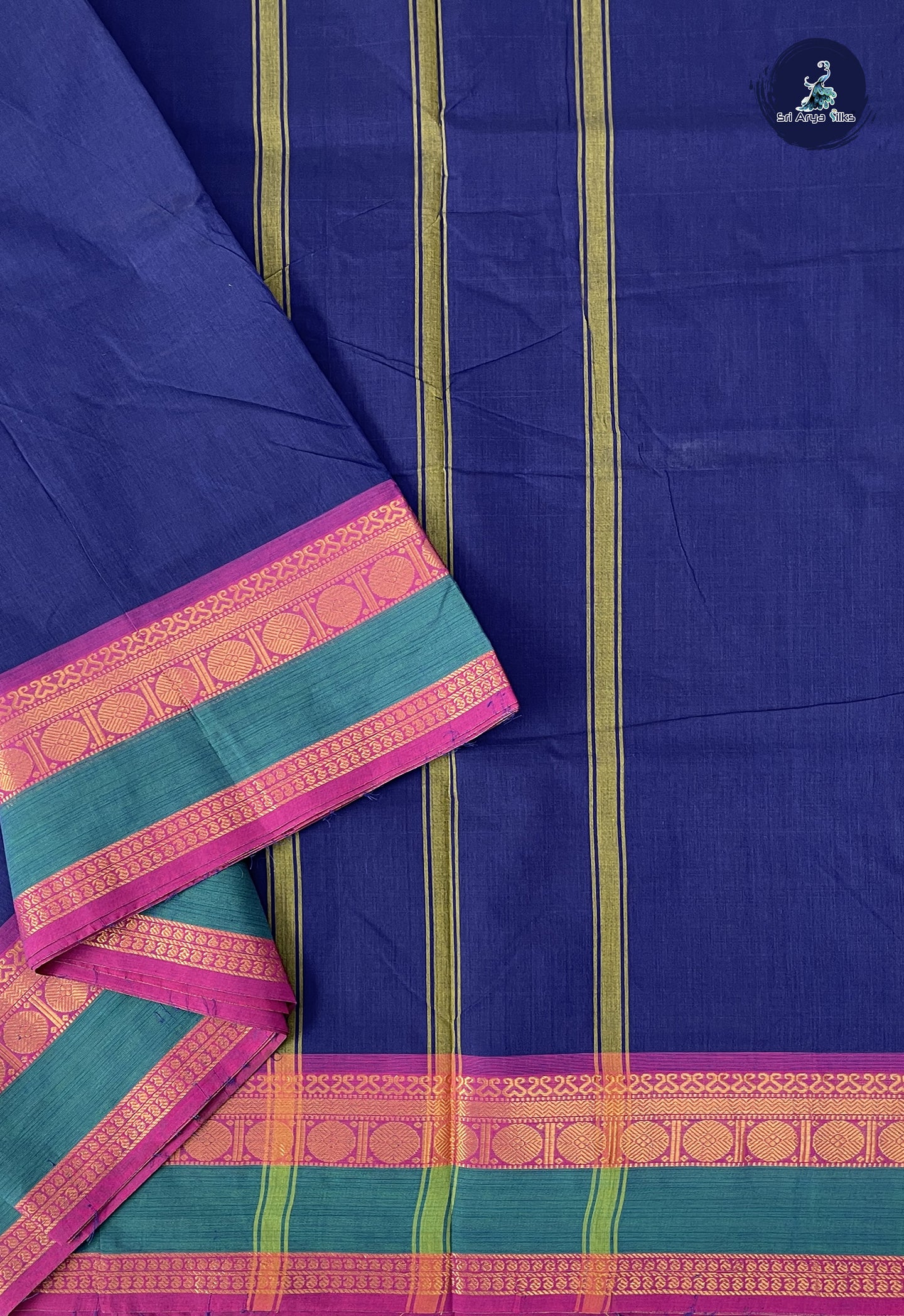 Dark Blue 10 Yards Madisar Cotton Saree With Plain Pattern