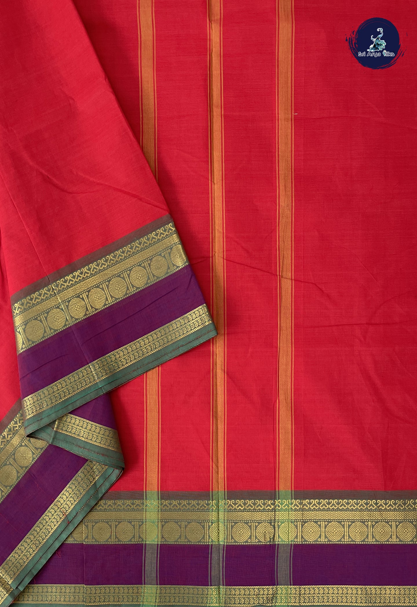 Red 10 Yards Madisar Cotton Saree With Plain Pattern