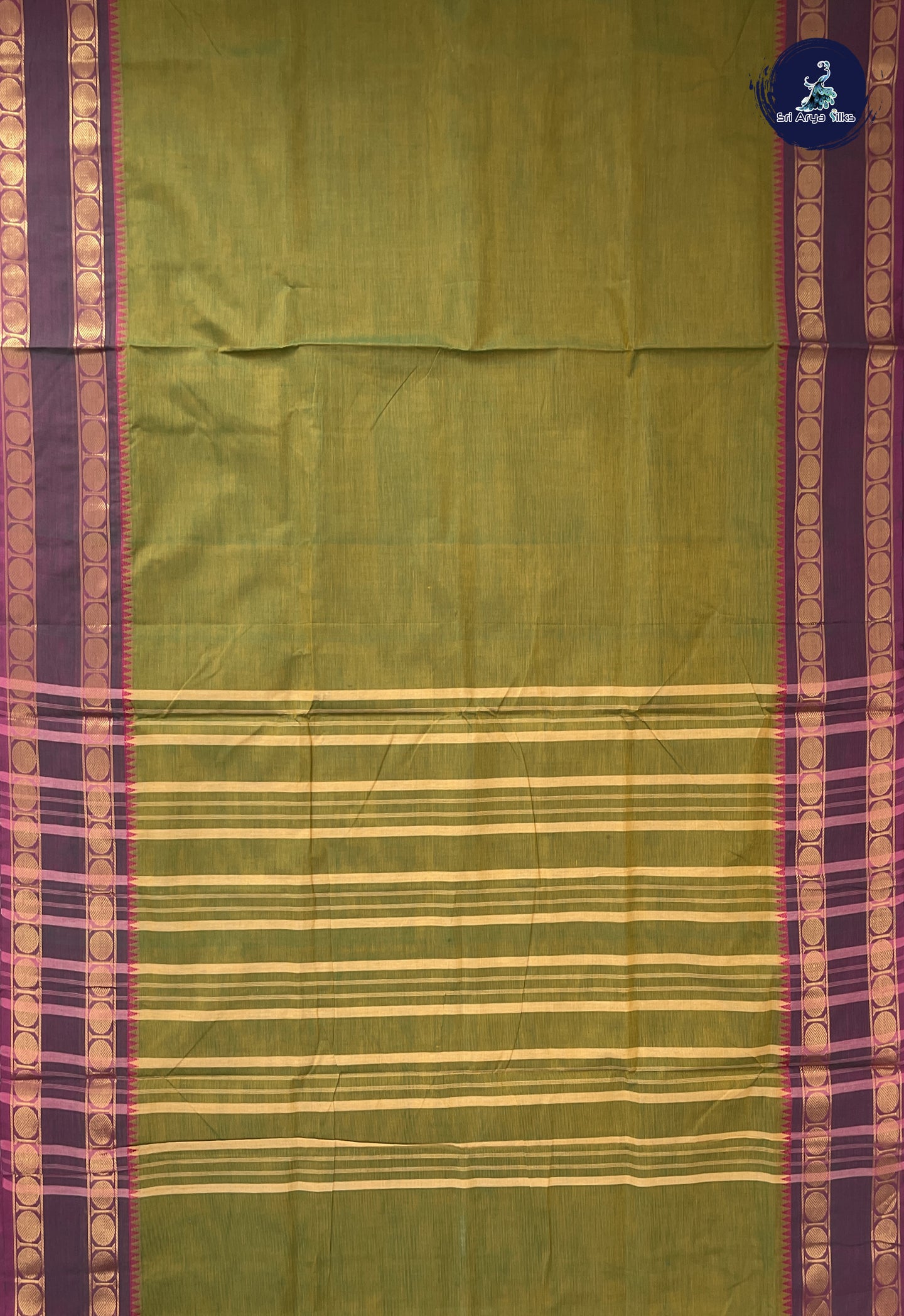Yellowish Green 10 Yards Madisar Cotton Saree With Plain Pattern