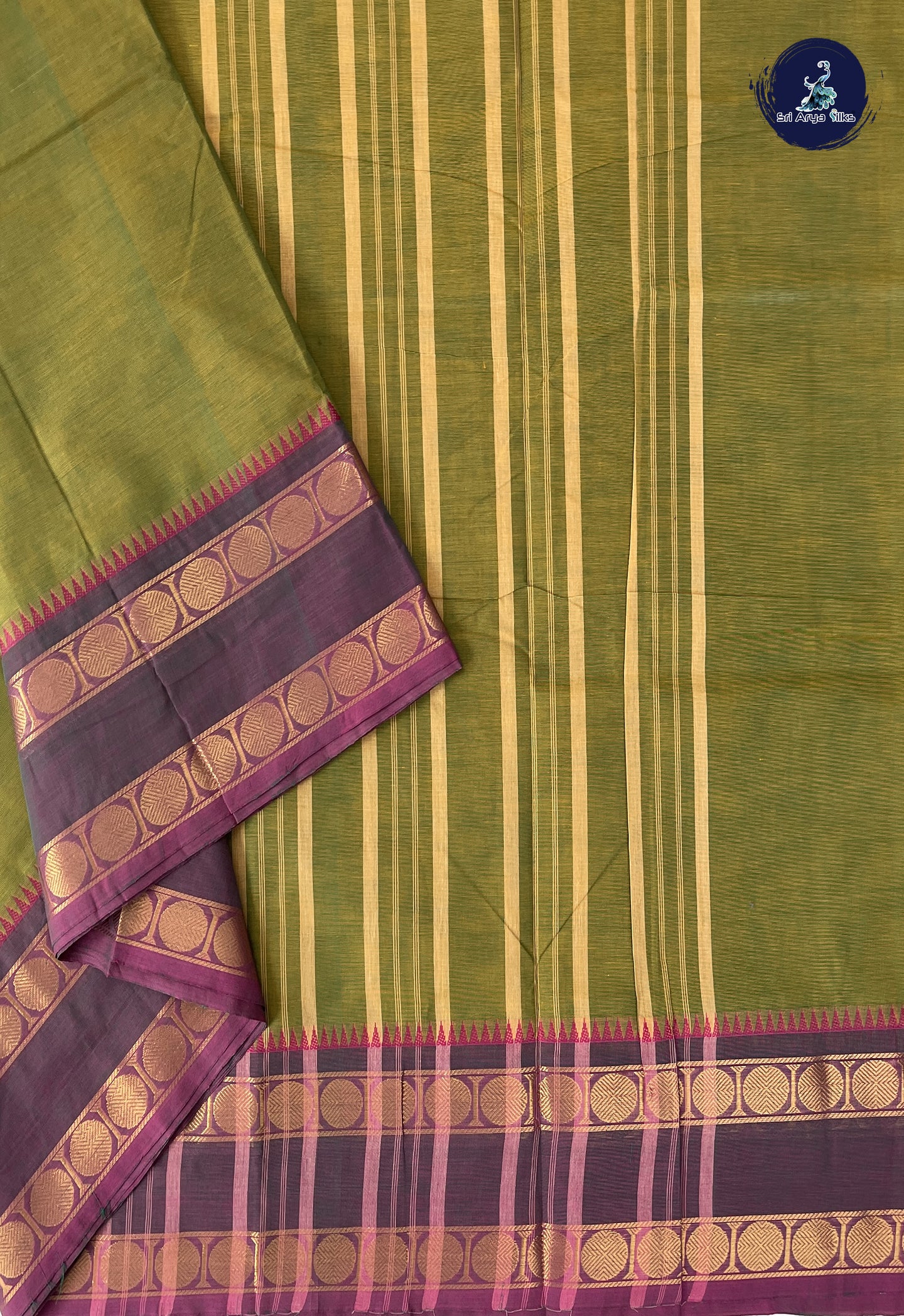 Yellowish Green 10 Yards Madisar Cotton Saree With Plain Pattern
