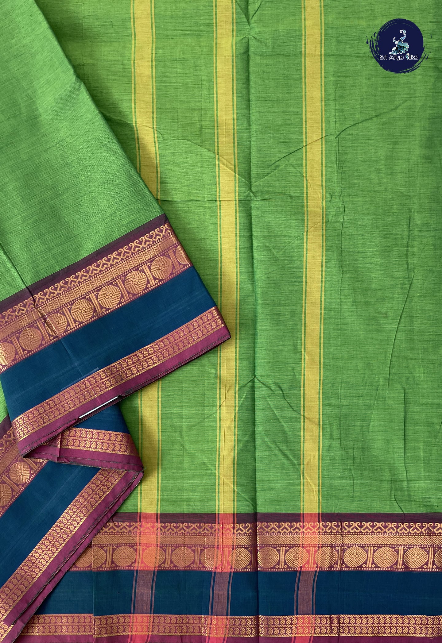 Light Green 10 Yards Madisar Cotton Saree With Plain Pattern