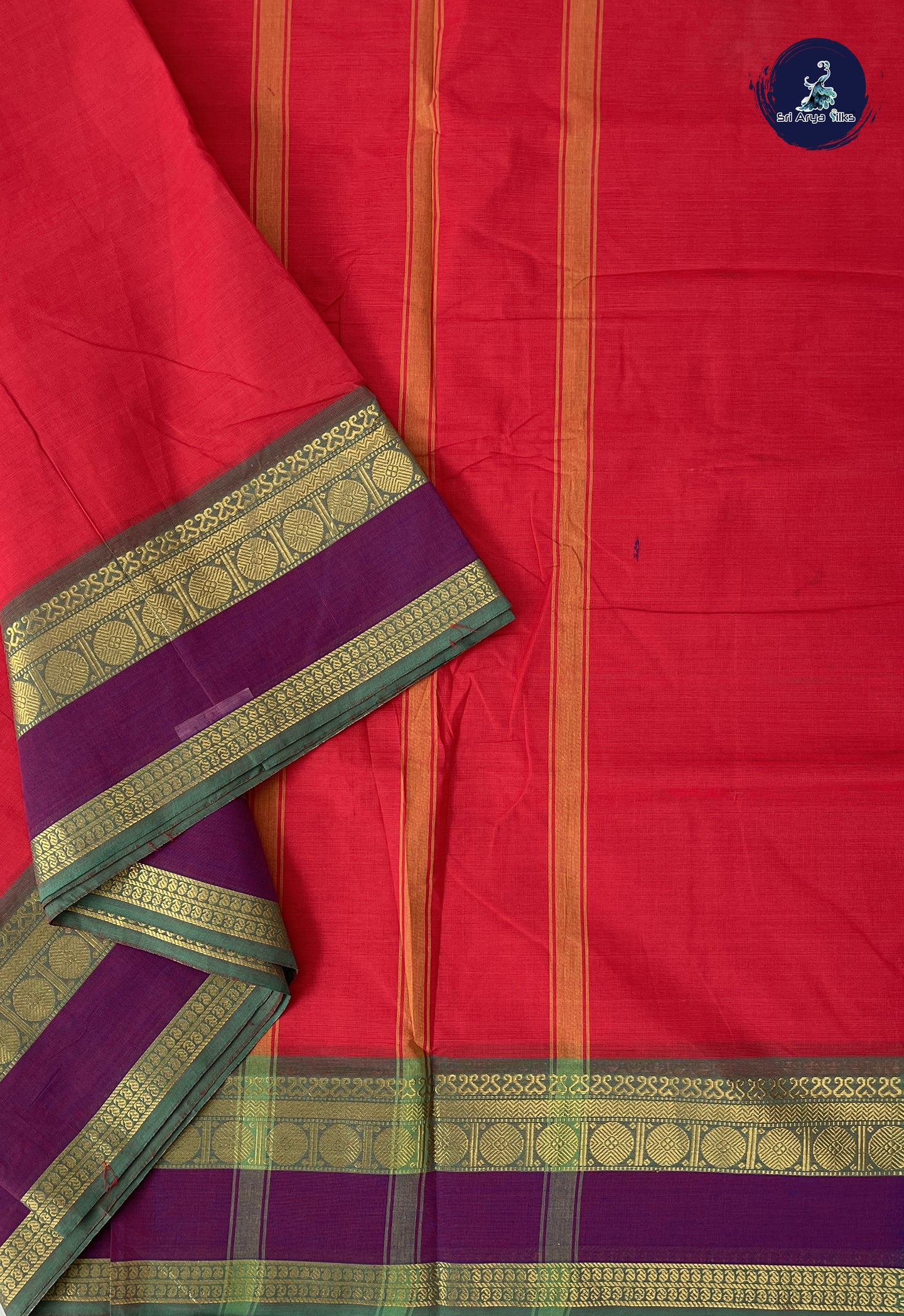 Red 10 Yards Madisar Cotton Saree With Plain Pattern