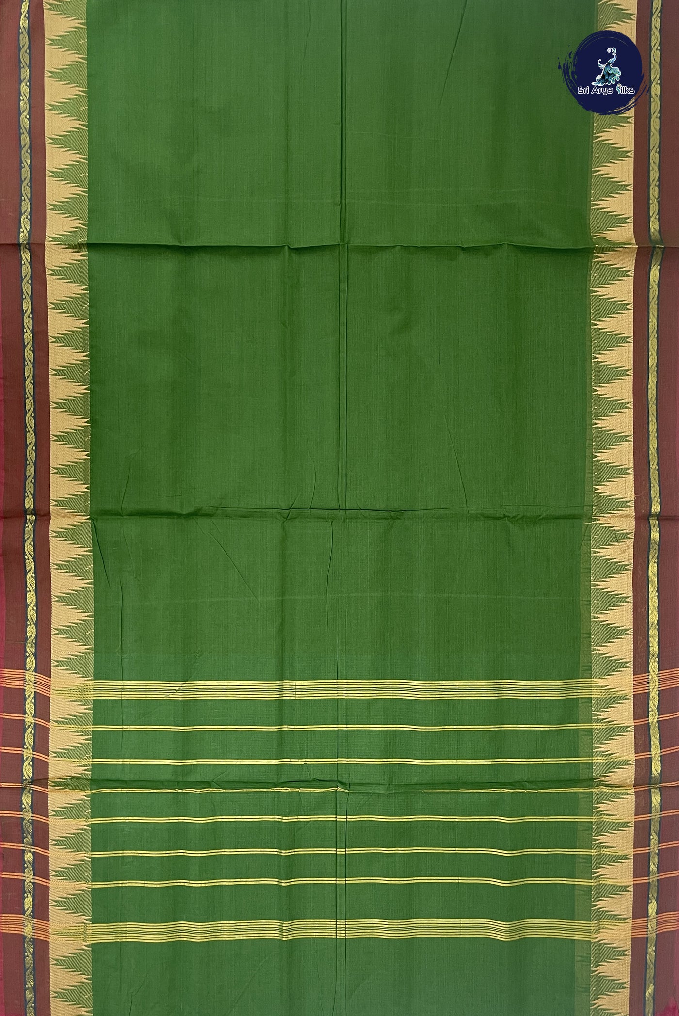 Green 10 Yards Madisar Cotton Saree With Plain Pattern