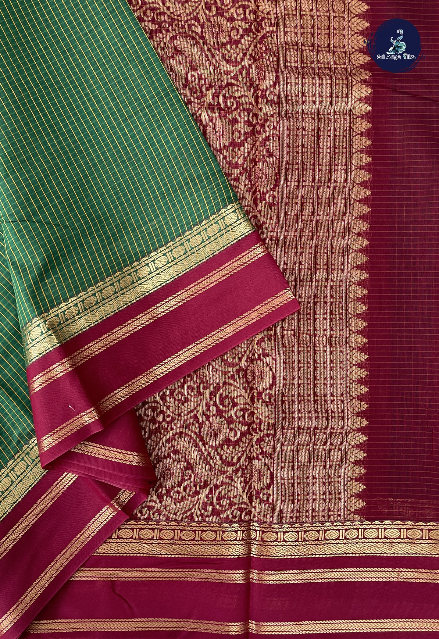 Dark Green Madisar Semi Silk Cotton Saree With Checked Pattern