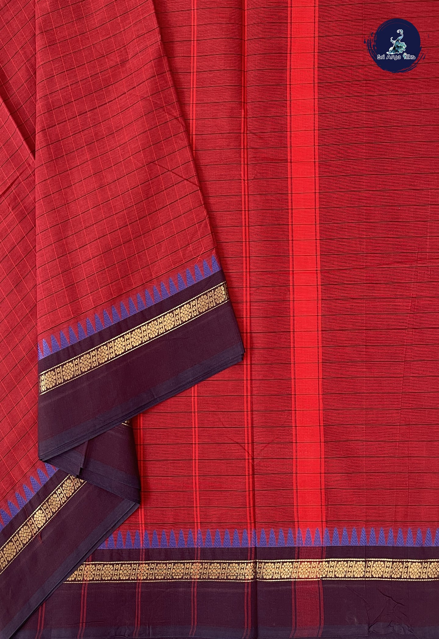 Navy Blue Madisar Semi Silk Cotton Saree With Checked Pattern