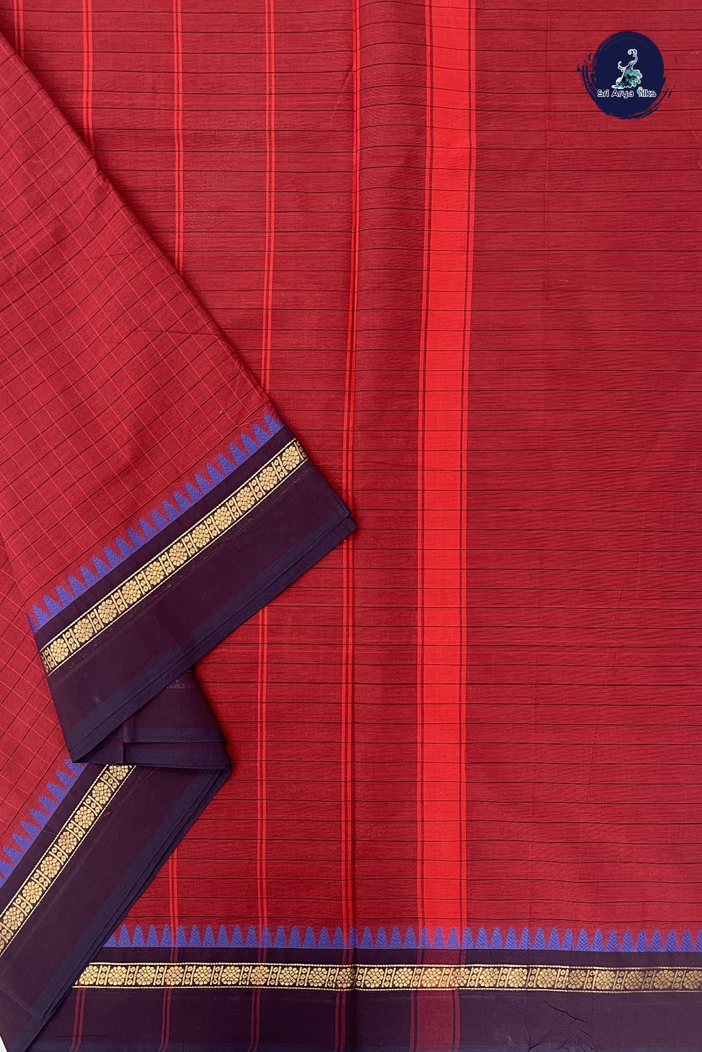 Maroon 10 Yards Madisar Cotton Saree With Checked Pattern