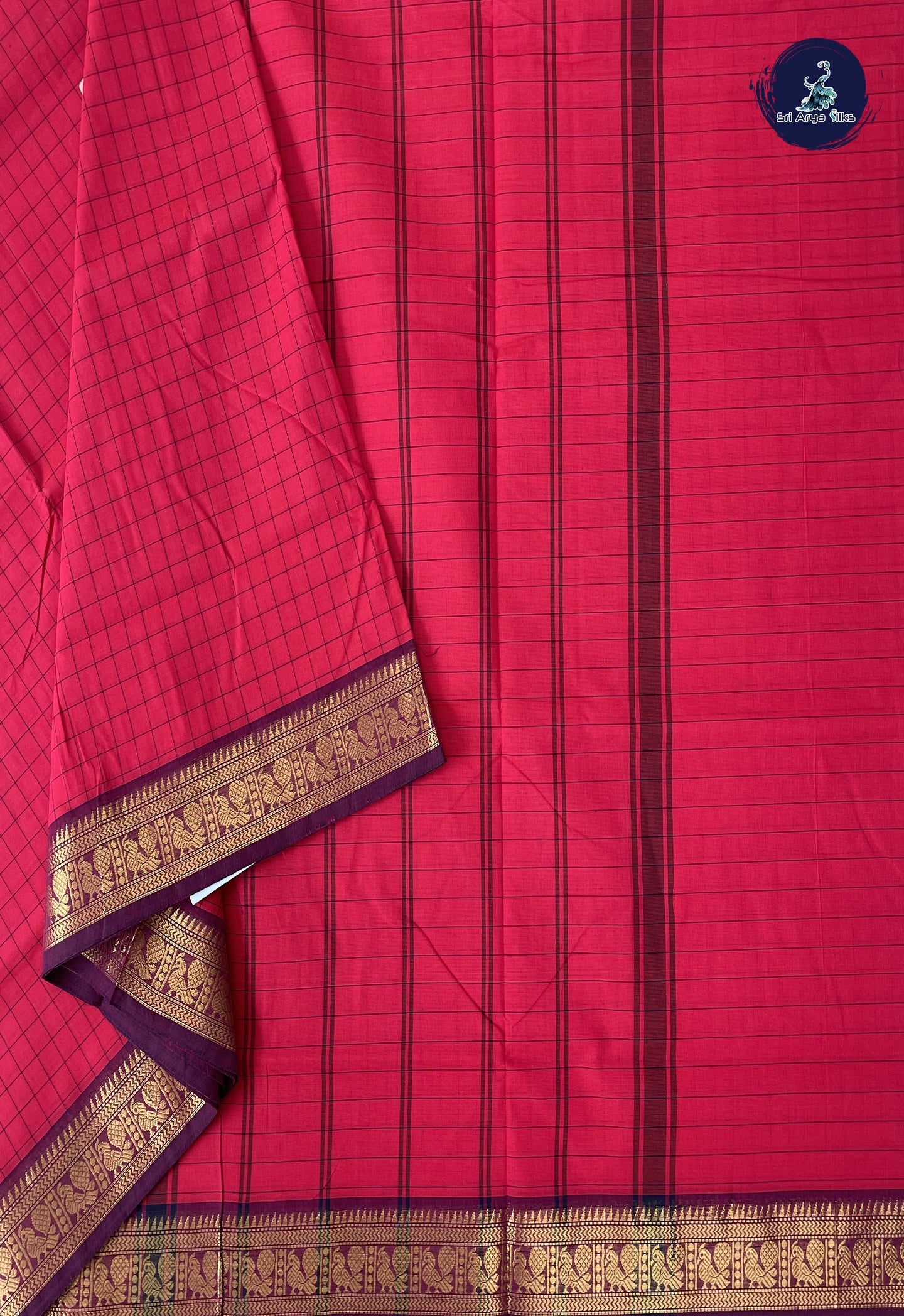 Reddish Pink 10 Yards Madisar Cotton Saree With Checked Pattern