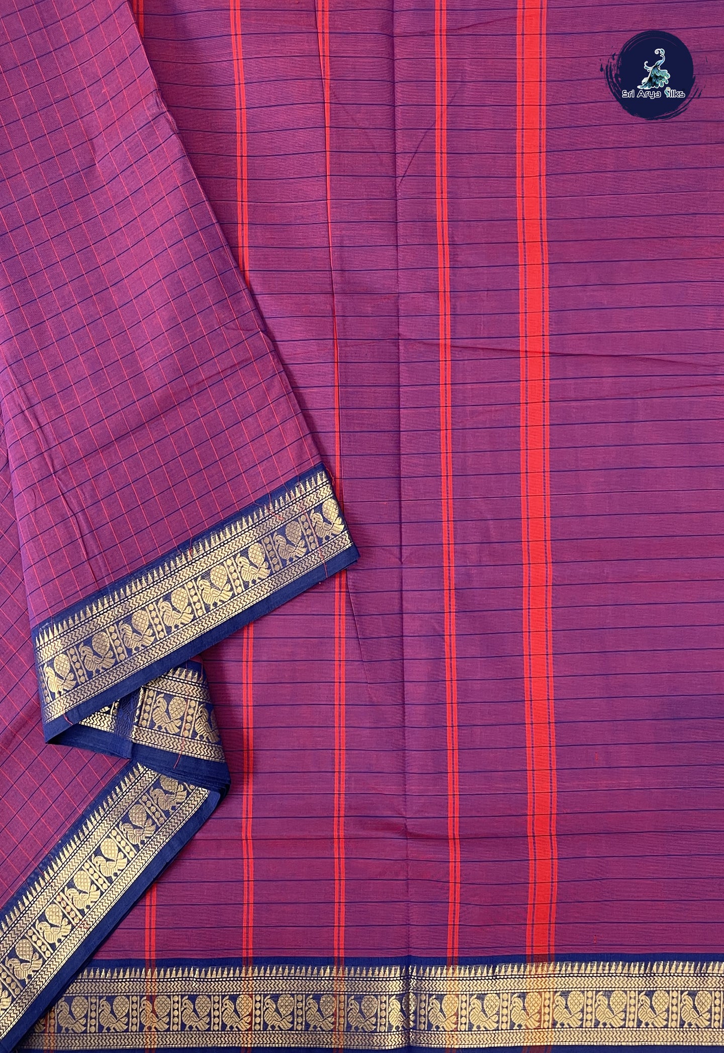 Dual Tone Purple 10 Yards Madisar Cotton Saree With Checked Pattern